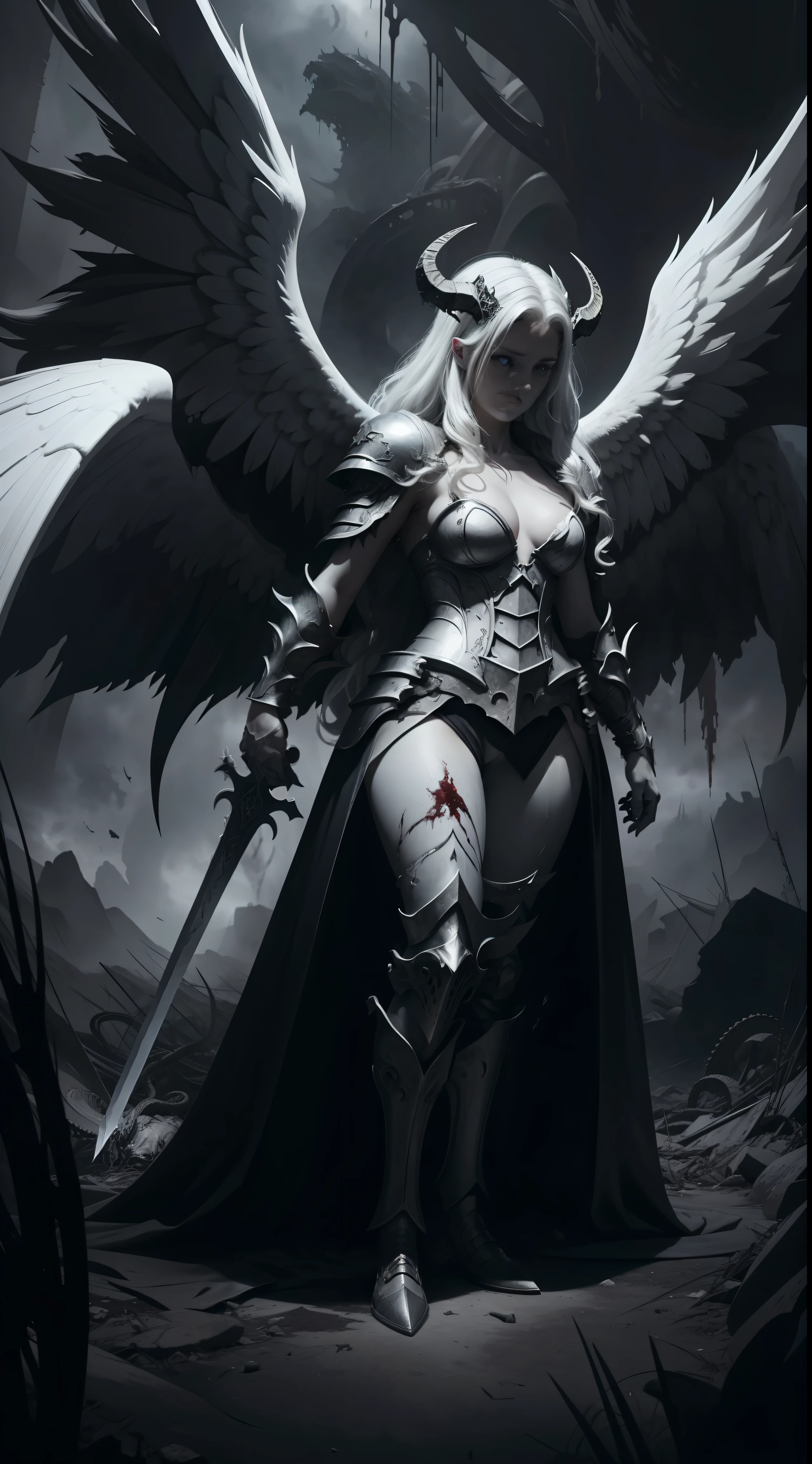 A monstrous deformed white angel with disgusting tentacles and 6 torn wings, covered in blood, black and white armor, sword, long curved horns, dark and huge hair, night, dark environment, darkness, fog