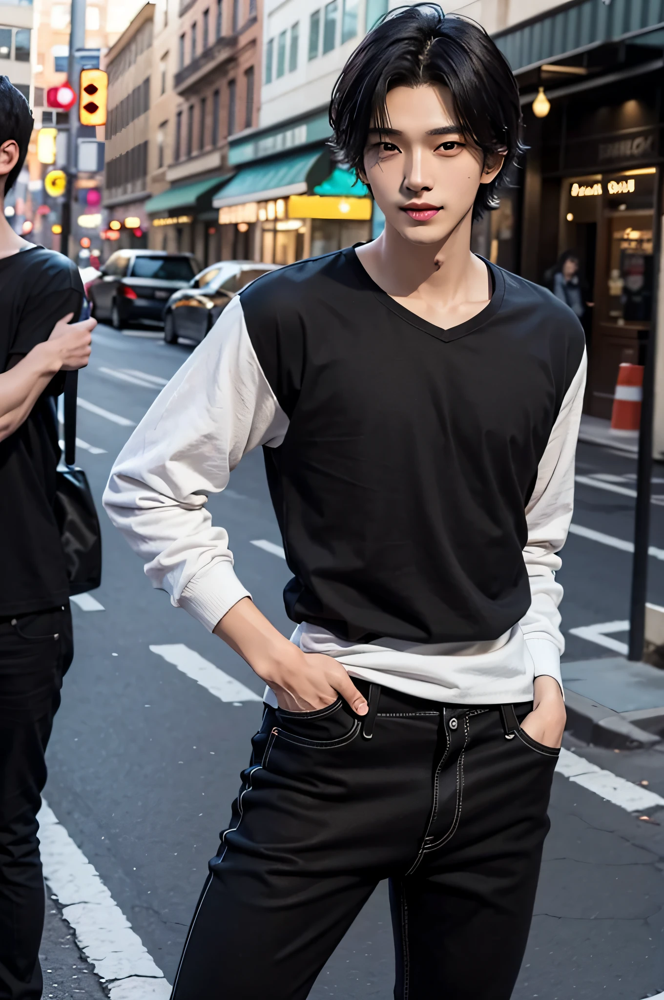 Standing on a street corner (((1 boy))) ((the whole body is visible)), he is a man. Far from the viewer. He is beautiful, sexy and young like Korean idol Hyunjin. He is slender, tall and has good style. He has center-parted black hair with shiny smooth hair. He's grinning. He cranes his head to look at us. He wears a long black T-shirt and black skinny pants. He has his hands in his pockets.