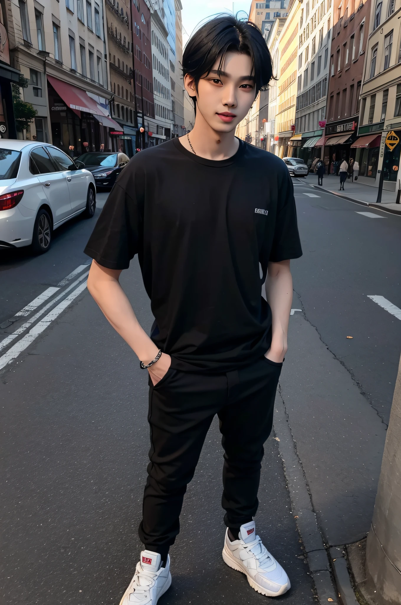 Standing on a street corner (((1 boy))) ((the whole body is visible)), he is a man. Far from the viewer. He is beautiful, sexy and young like Korean idol Hyunjin. He is slender, tall and has good style. He has center-parted black hair with shiny smooth hair. He's grinning. He cranes his head to look at us. He wears a long black T-shirt and black skinny pants. He has his hands in his pockets.