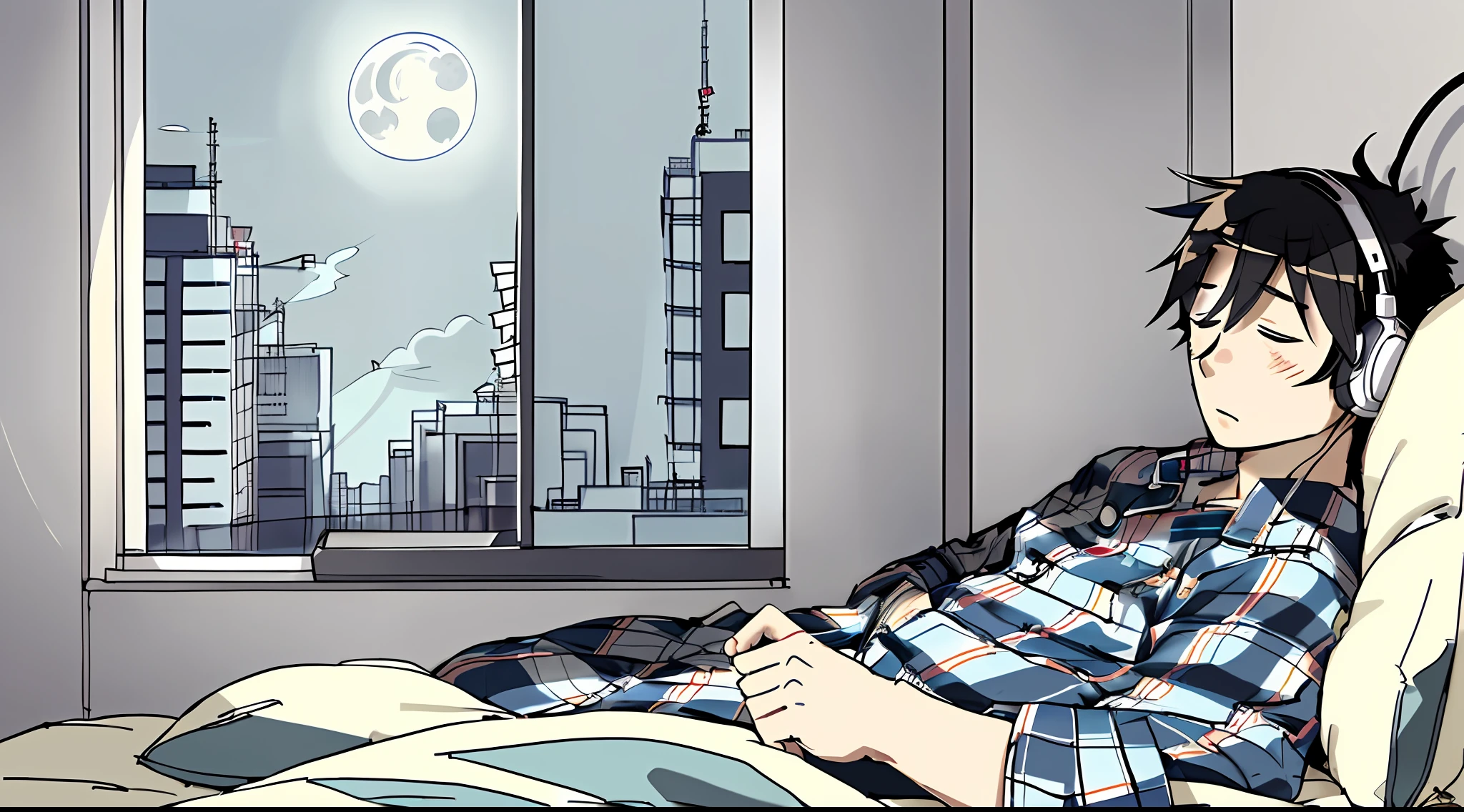 Sketch, Yu Tsuizu \ (style\), line art, masterpiece, solid color, tall building outside the window, moonlight, alarm clock, a tired young man with headphones, quilt covered in pajamas, dynamic angle, ((lying in bed)))