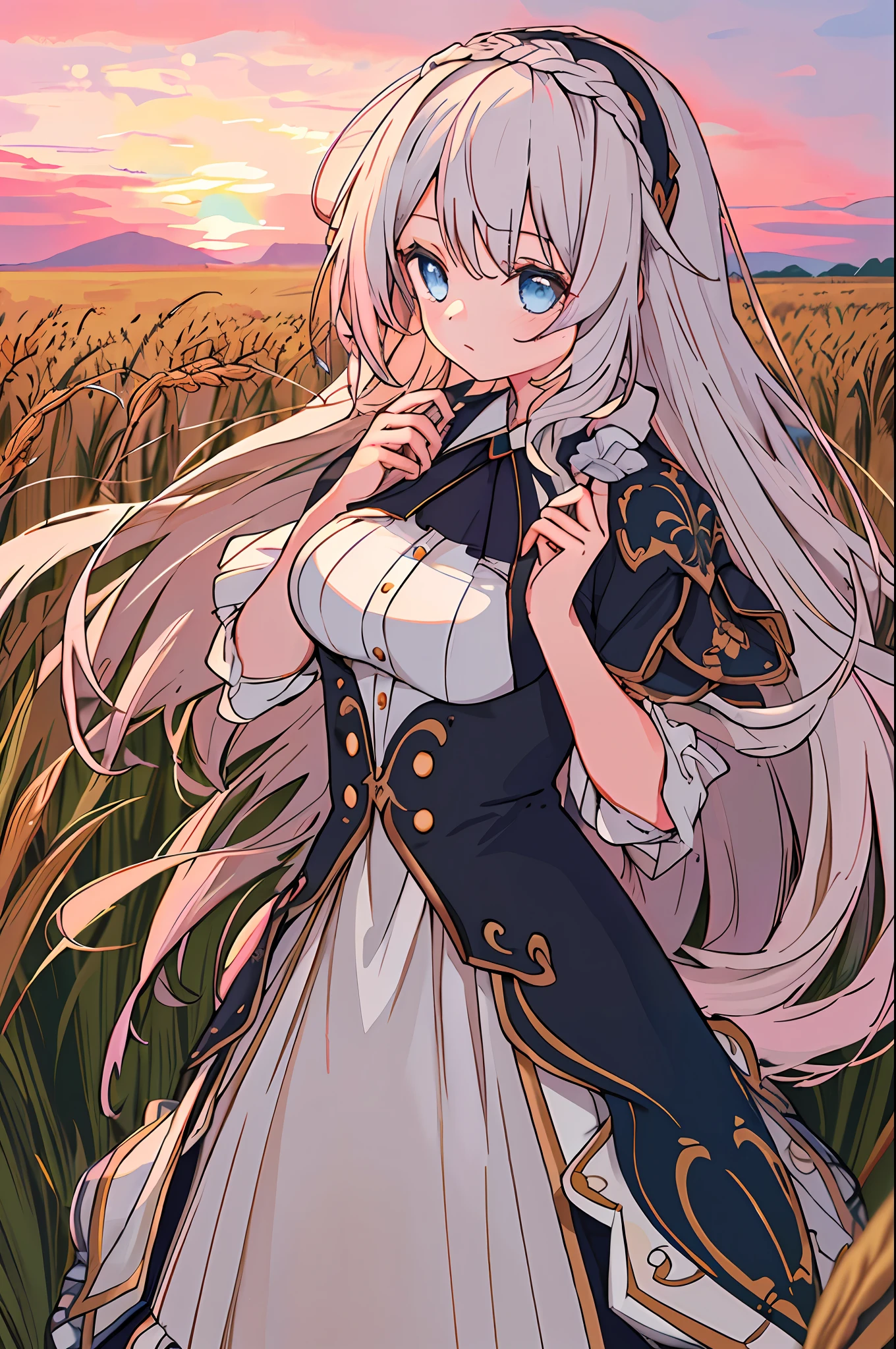 best quality, (ultra detailed:1.4), (professional photograph:1.4), extremely detailed girl, {1girl}, {solo}, {{{beautiful detailed hands}}}, illustration, {{cinematic light}}, ultra detailed, white hair, long hair, pink gradient, slightly curly hair, pinkish blue eyes, black seifuku dress, medium breasts, straight bangs swept to left, hair band, game ccg, looking to the side, wheat field, mist, violet sky, sunset