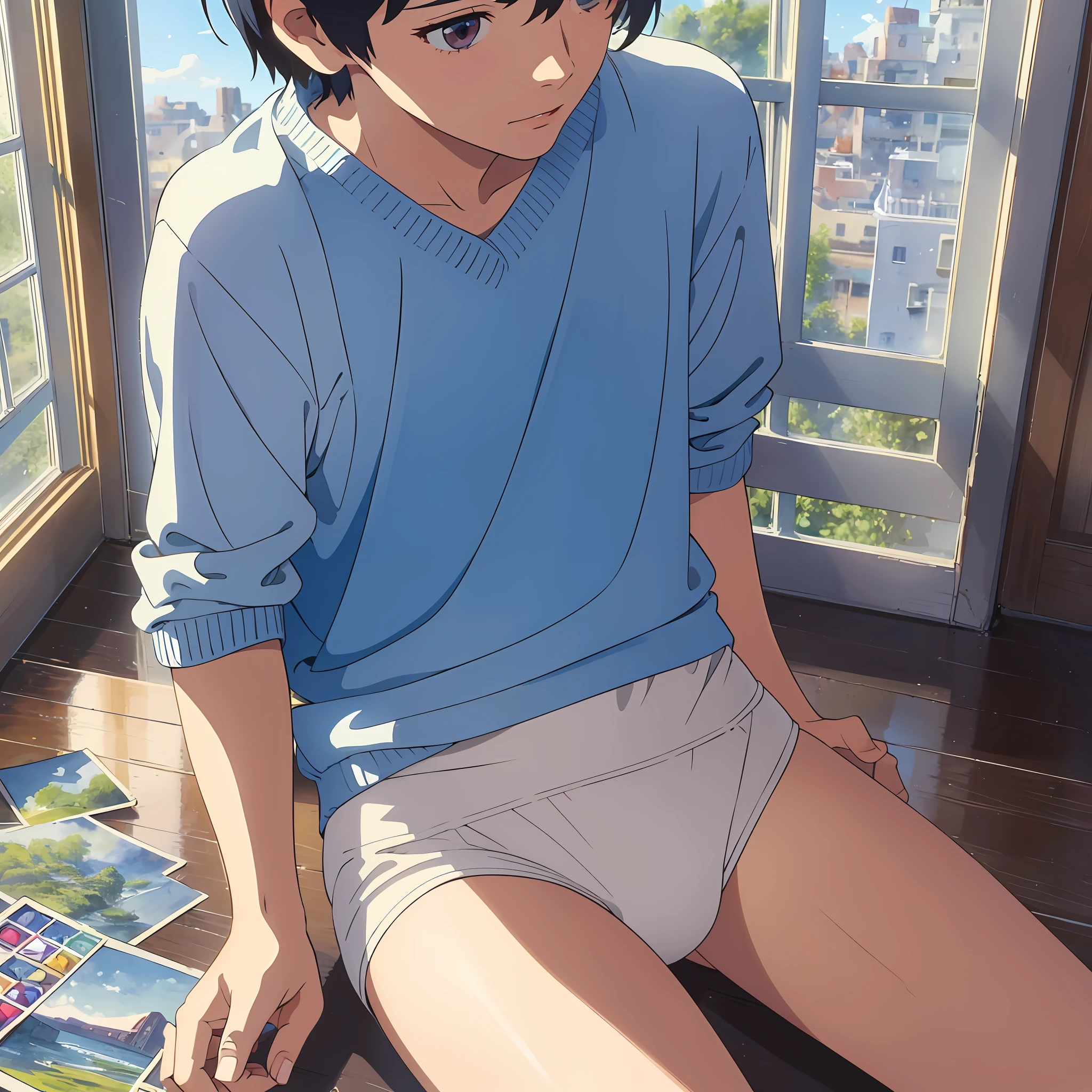 ((Masterpiece)), close-up, top quality, exquisite painting style, watercolor, blue sky, sweater, window sill, illustration, (twilight), (cute boy), small ears, blue, very short black hair, round eyes, boy, nice boy, flat chest, (17 years old), thin, thigh, (solo), , (skinny), short boxer briefs, , masterpiece, top quality, masterpiece, highest quality, --auto --s2
