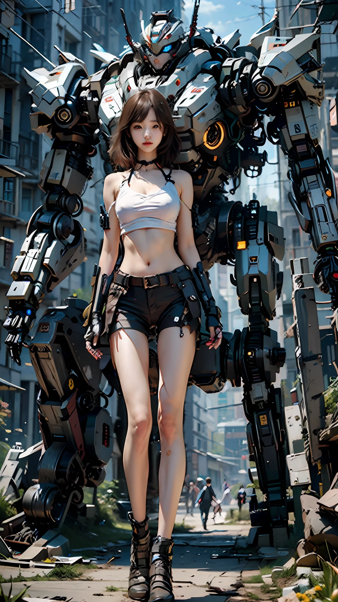 ((masterpiece, best quality)),illustration,ultra detailed 8k,photorealistic,sharp focus,highly detailed,professional lighting,colorful details,iridescent colors BREAK extreme long shot of a factory,large mechanical robot construction,microchip,computer,glowing,intricate details,shitu-mecha,1girl is standing in front of the audience,Navel