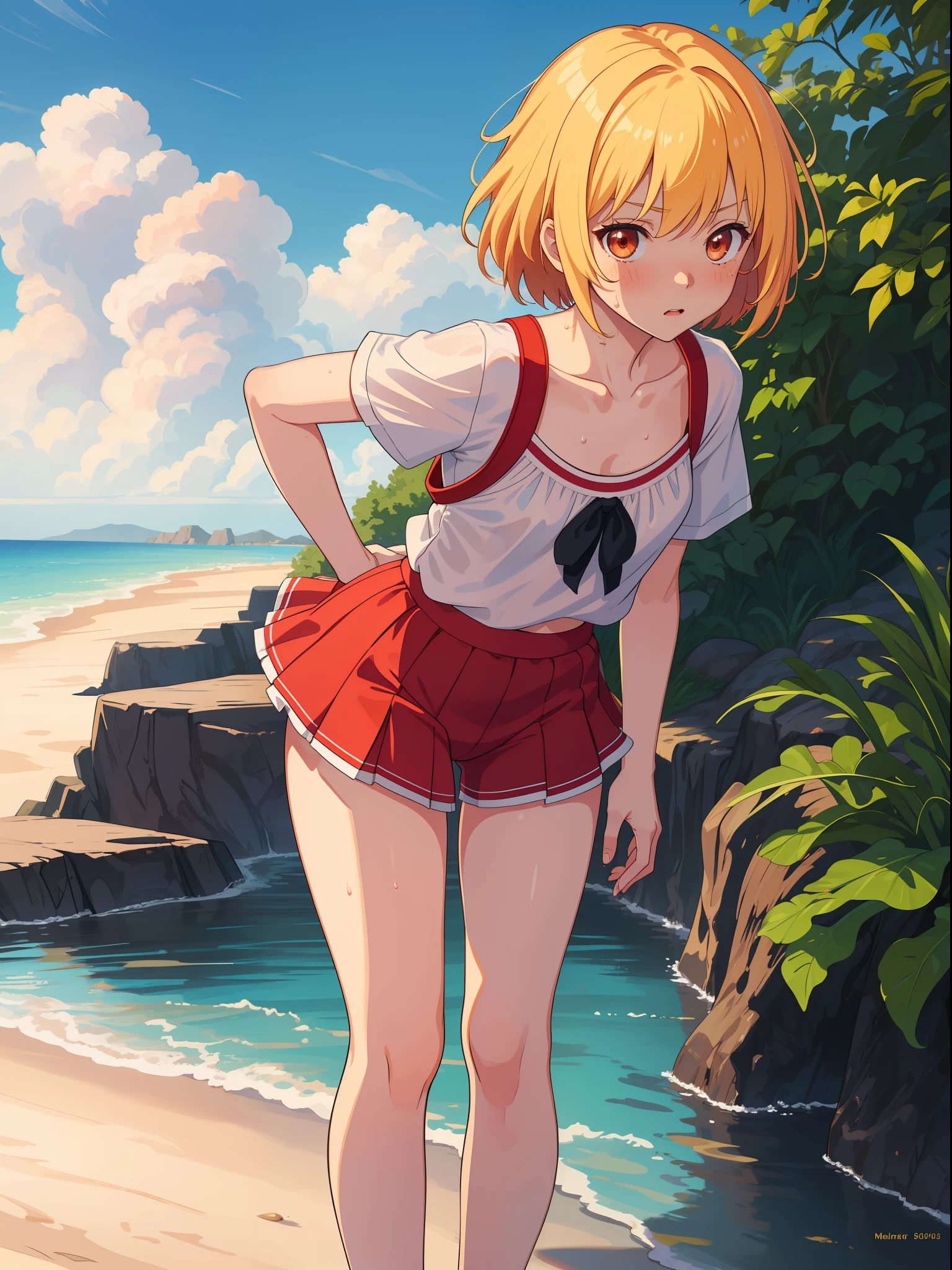 Masterpiece, top quality, ultra high definition CG: 8K wallpaper, summer, hot, beautiful girl, beautiful proportions, lolita, slender, short stature, sweat, embarrassed, ruby eyes, yellow hair, short hair, red school swimsuit, sweat, little girl, hands hide, clouds, twilight. )