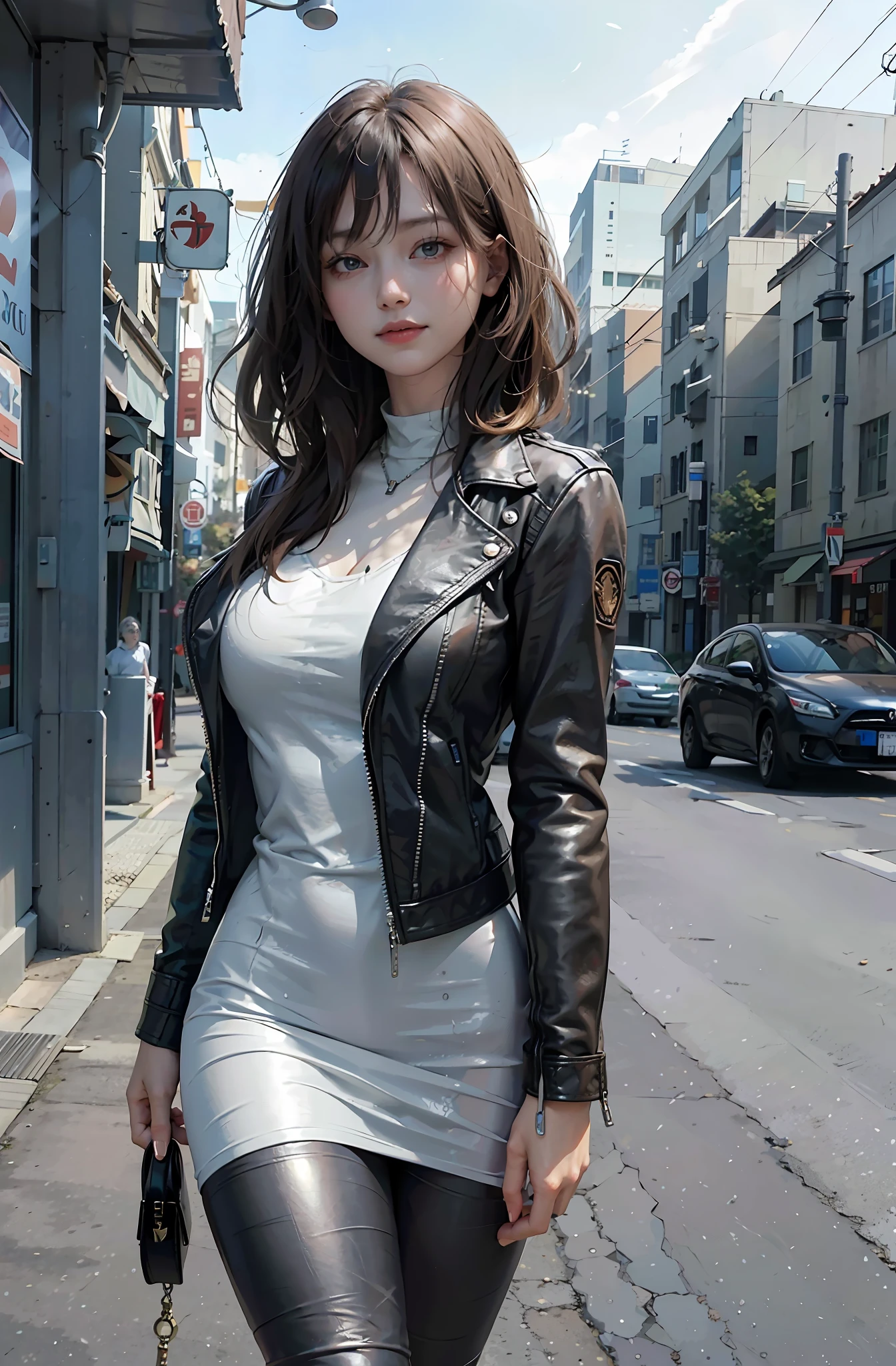 (masterpiece:1. 0), (best quality:1. 4), (ultra highres:1. 2), (photorealistic:1. 4), (8k, RAW photo:1. 2), (soft focus:1. 4), 1 woman, (sharp focus:1. 4), (japanese:1. 2), (american:1. 1), detailed beautiful face, black hair, (detailed leather jacket and leather pants:1. 4), beautiful white shiny humid skin, smiling