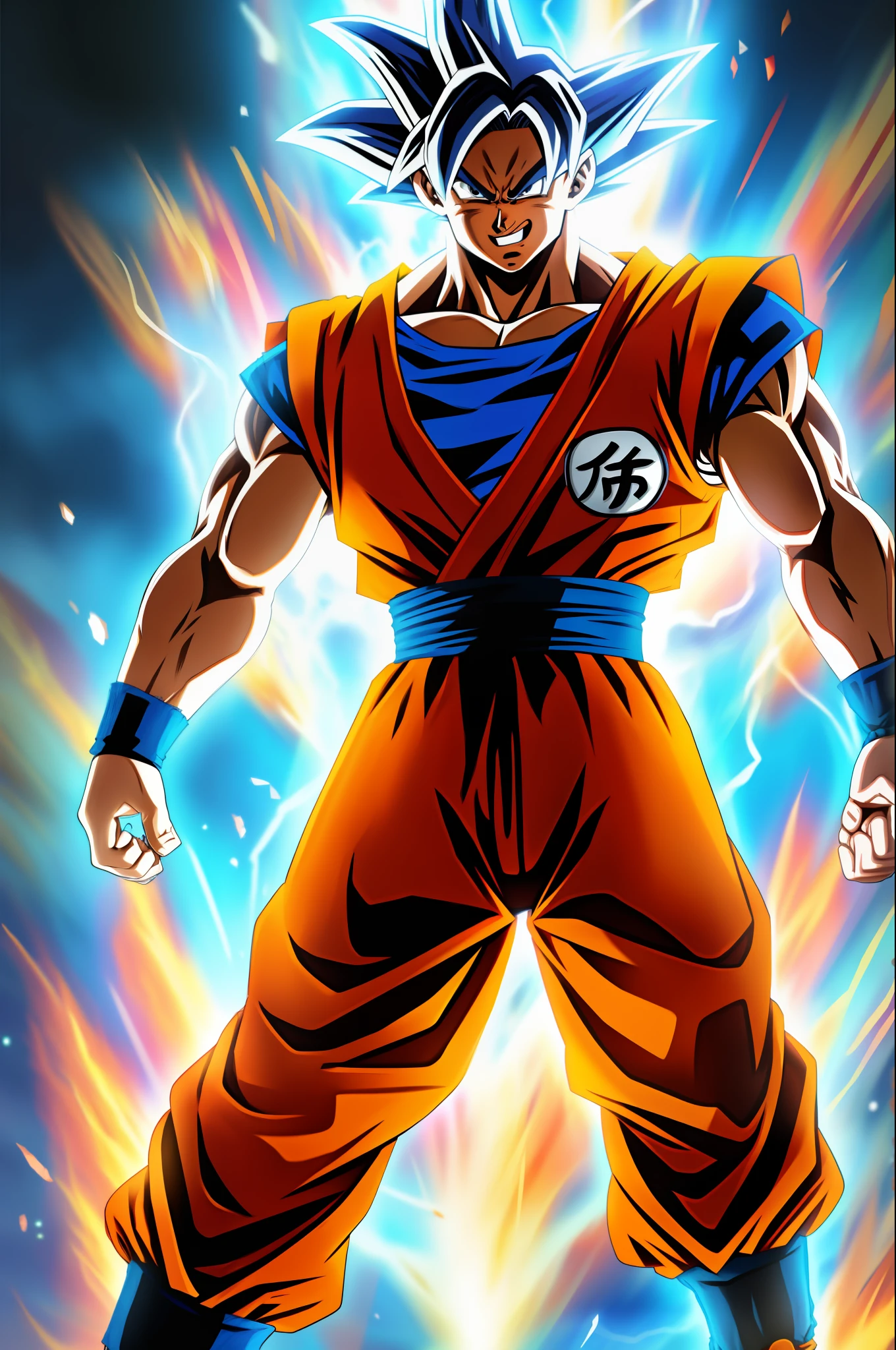 son_goku, ultra_instinct, full_body, realism, smile, action_pose, aura