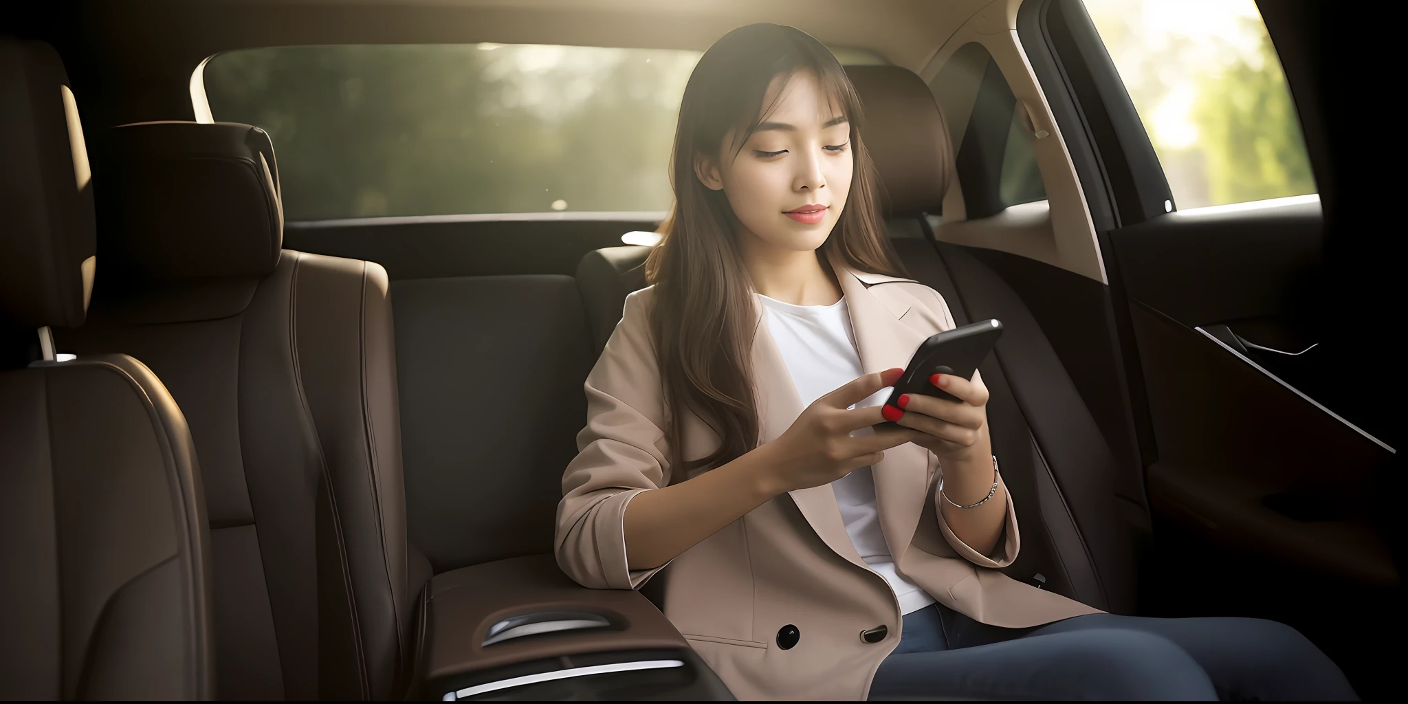 Woman sitting in car looking at her phone, checking her phone, she holding a smartphone, goddess checking her phone, sitting in her car, young asian woman, shutter, technology, a young asian woman, advanced technology, holding a very advanced phone, woman, cell phone, inside the car, luxury, photo shooting