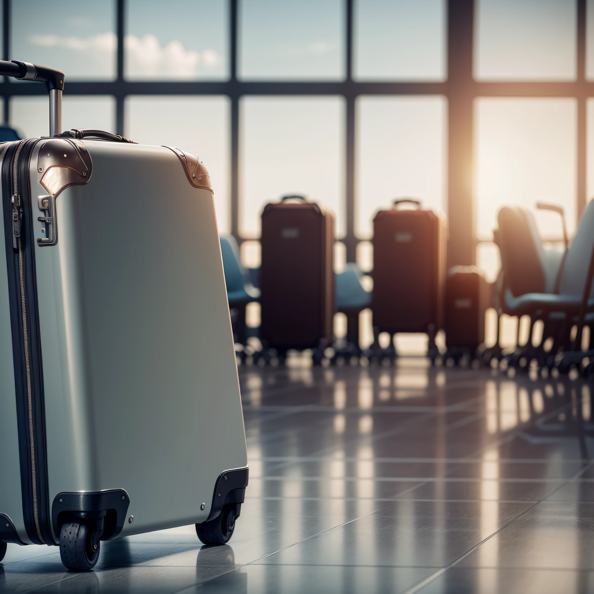 Airport waiting area, Close-up of luggage zipper, cinematic lighting, reflection light, Surrealism, high detail, UHD, textured skin