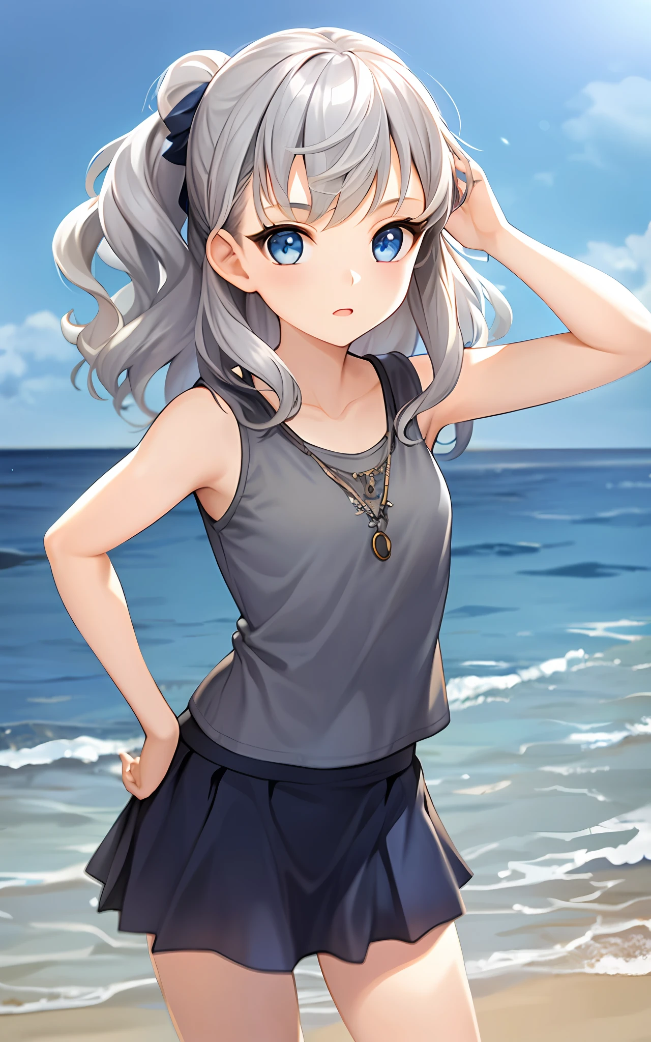 girl, solo, 23 years old, beach, silver hair, blue eyes, wavy hair, sister's plain clothes (sleeveless, skirt), looking up at the sky,,