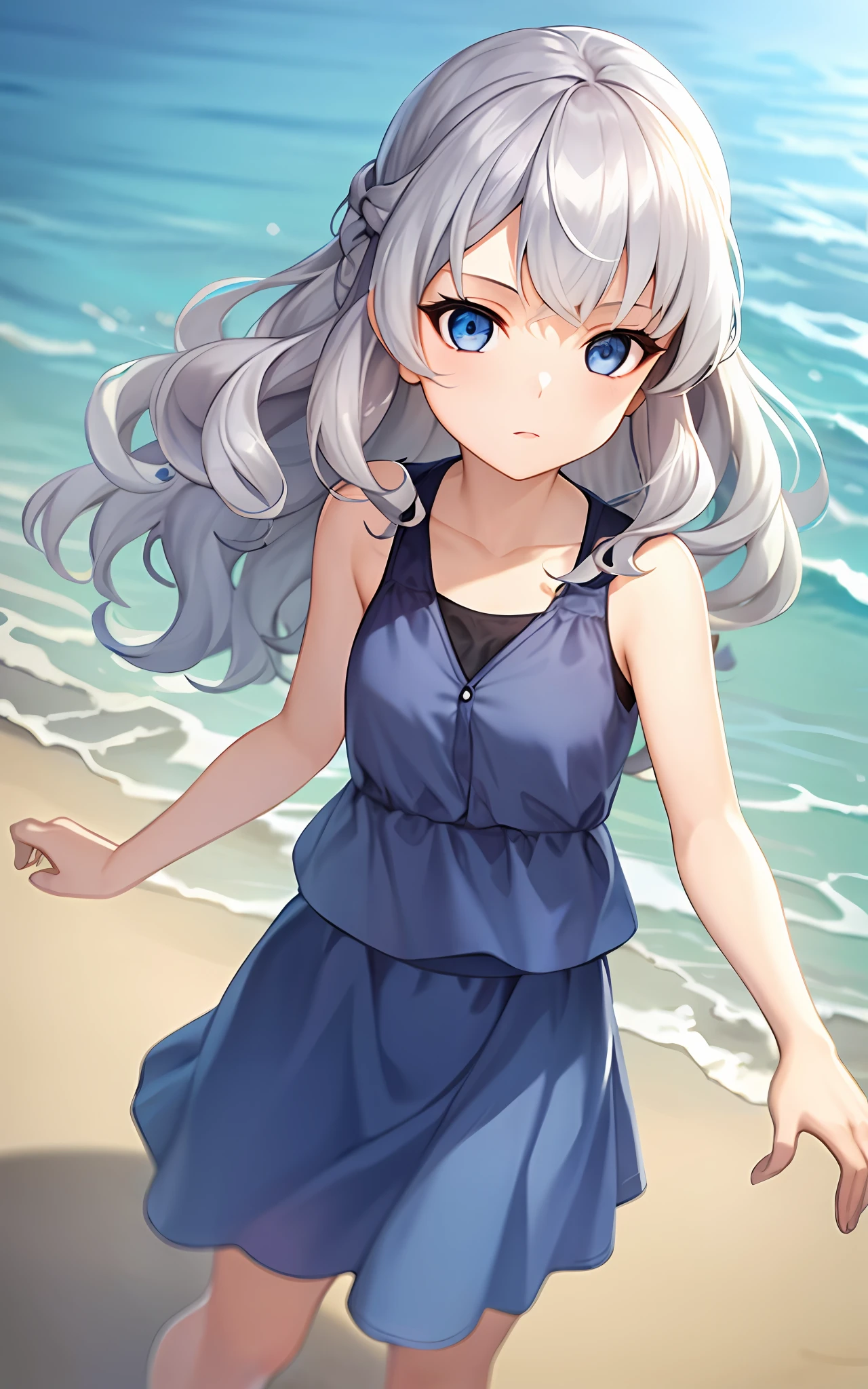 girl, solo, 23 years old, beach, silver hair, blue eyes, wavy hair, sister's plain clothes (sleeveless, skirt), looking up at the sky,,