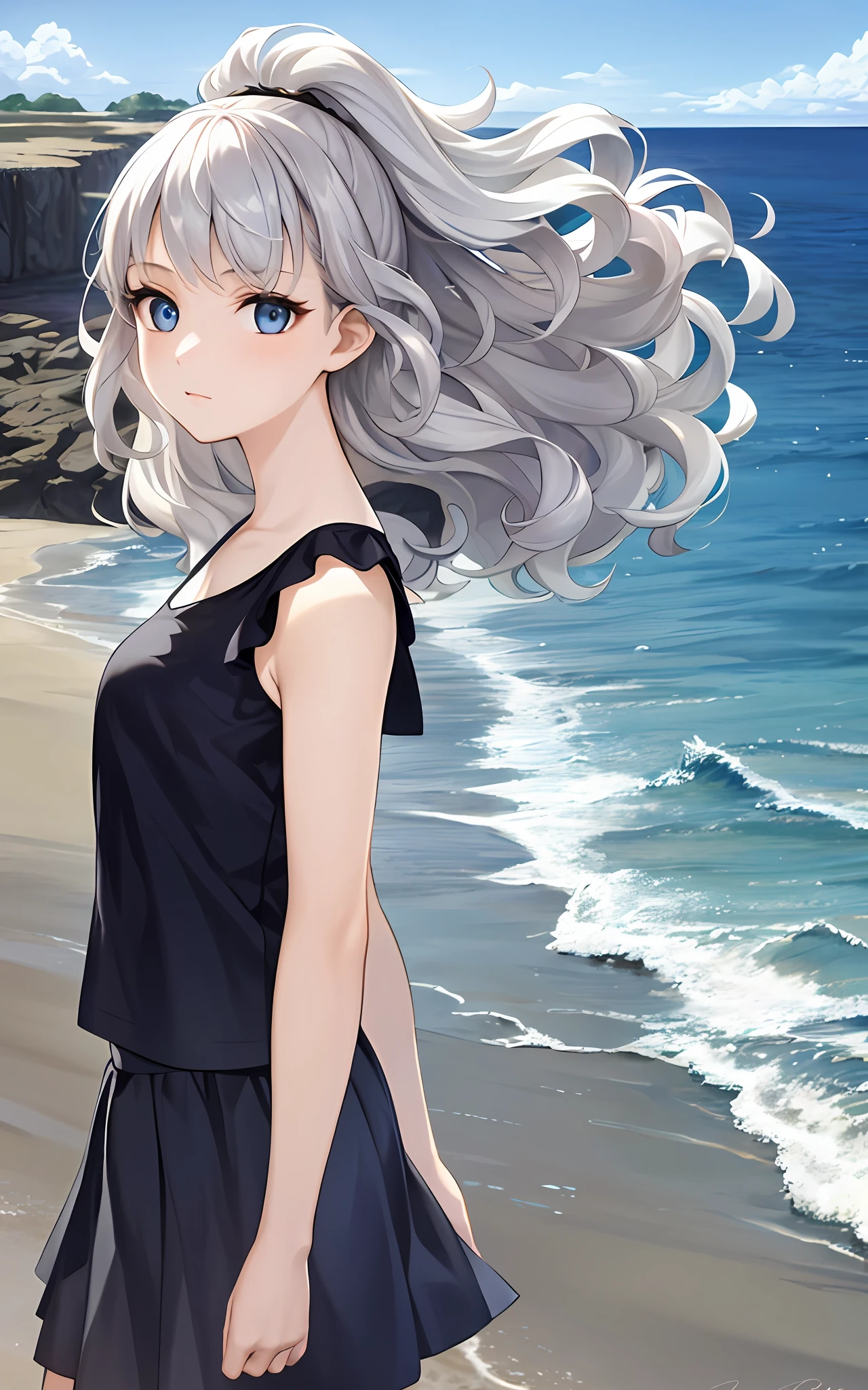 girl, solo, 23 years old, beach, silver hair, blue eyes, wavy hair, sister's plain clothes (sleeveless, skirt), looking up at the sky,,