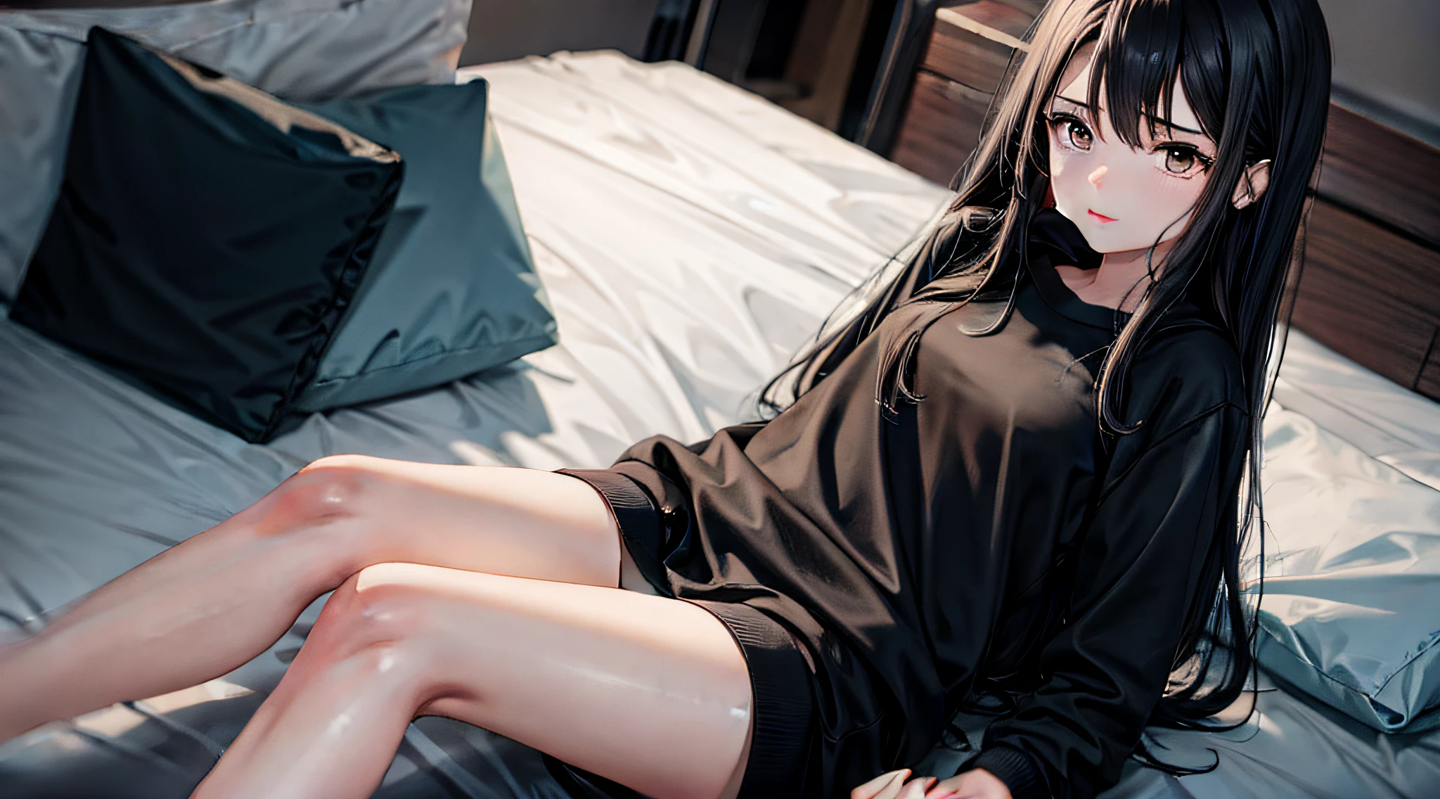 A girl, with long black hair and wearing a black sweatshirt, sat on the bed