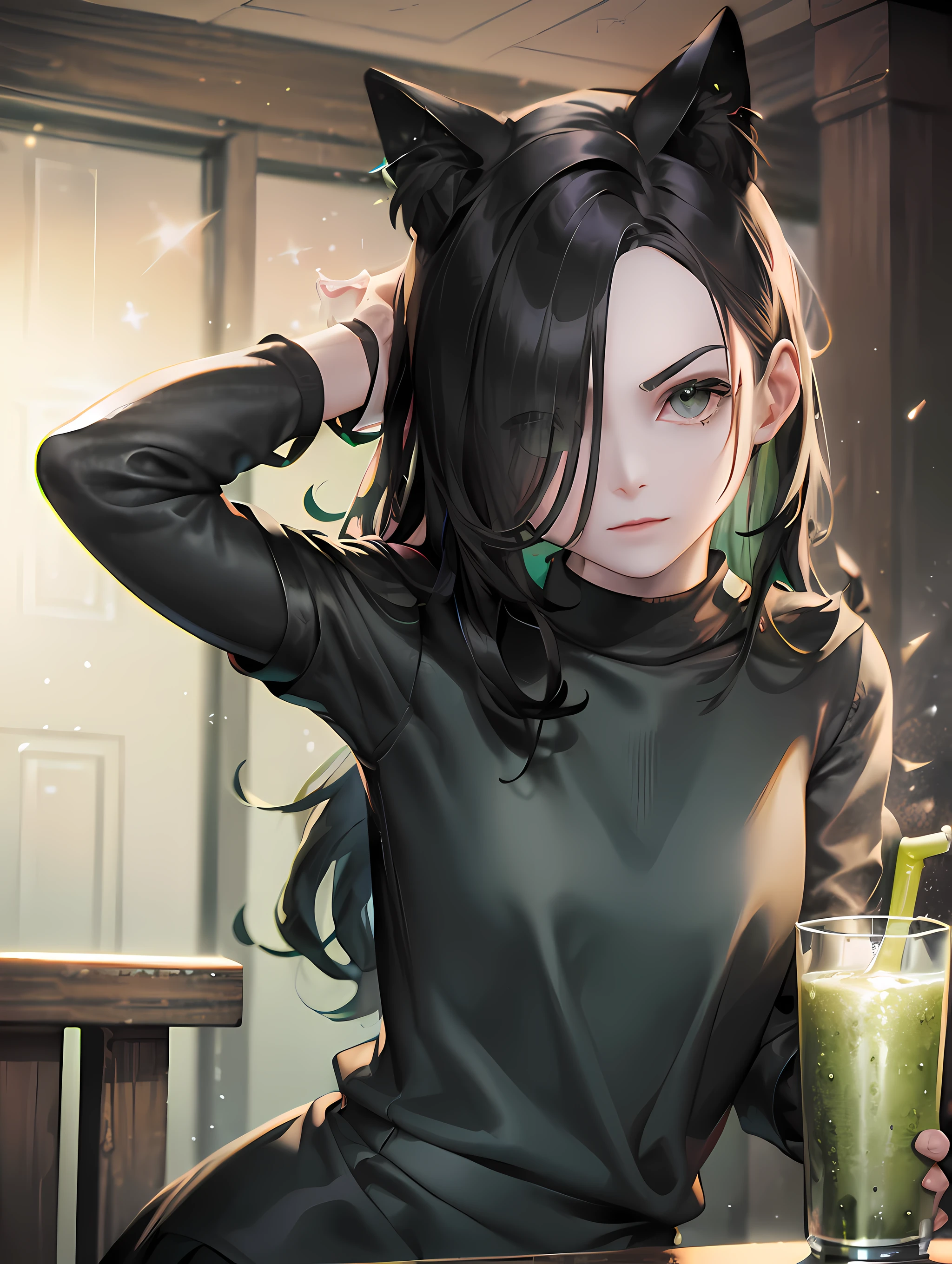 ((Green juice cup, fizzy, sparkling, foamy, holding bones, best quality)),(complex lighting),solo,1girl,upper body, eveline, black dress, black hair, boots, sleeves rolled up, hair over one eye,long hair, pale skin, sitting, on chair, grey eyes