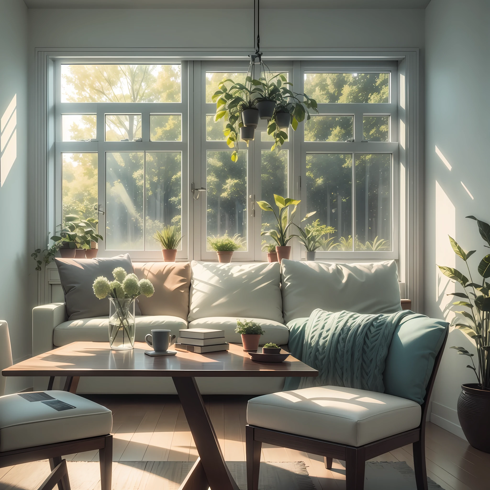 In front of the window there is a table with backrest computer chairs, embellished with greenery, realistic afternoon lighting, realistic soft lighting, volumetric natural light, rendered in V-Ray, daylight made with a blender, rendered in POV-ray, anime. Soft lighting, rendered in 3 DSMAX, detailed natural lighting, atmospheric rendering, soft natural volume lighting, realistic rooms, painted line drawings --auto --s2