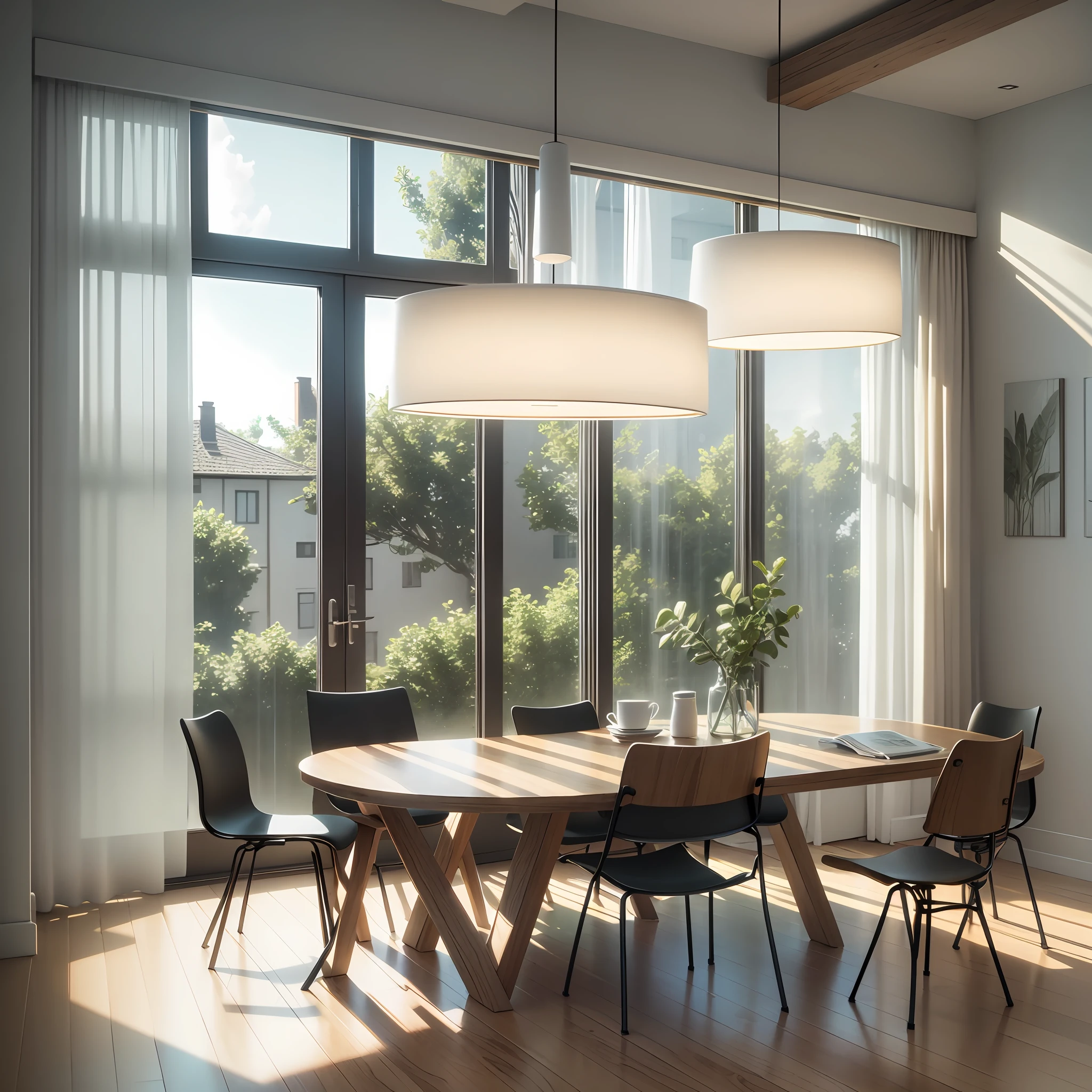 In front of the window there is a table with backrest computer chairs, embellished with greenery, realistic afternoon lighting, realistic soft lighting, volumetric natural light, rendered in V-Ray, daylight made with a blender, rendered in POV-ray, anime. Soft lighting, rendered in 3 DSMAX, detailed natural lighting, atmospheric rendering, soft natural volume lighting, realistic rooms, painted line drawings --auto --s2