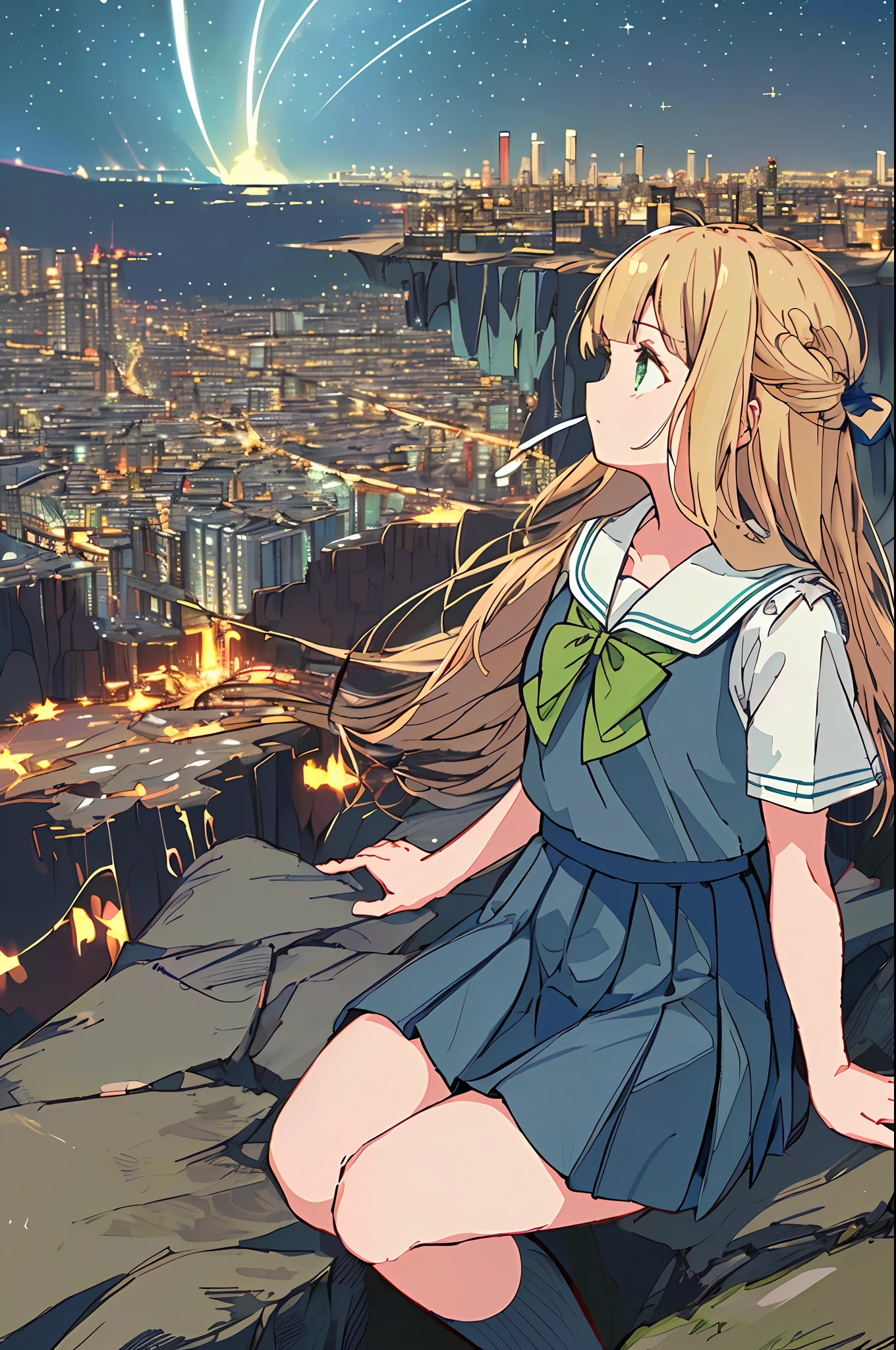 (((masterpiece: 1.5, best quality, high resolution: 1.3, super resolution, super detailed, ultra detailed:1.3, rich background:1.2))), ((close up)), ((profile picture)), 1girl, solo, green eyes, blonde long hair tied with blue ribbon, blunt bangs, cute hairpin, school uniform, white serafuku, red sailor collar, short sleeves, blue pleated skirt, (outdoor), ((sitting on the edge of cliff)), (on top of hill), ((city scenery behind: 1.3)), scenery, ((nighttime)), dark, (lowlight: 1.1), moon, (moonlight: 1.2), ((dynamic light: 1.4)), sky (falling meteors: 1.5)