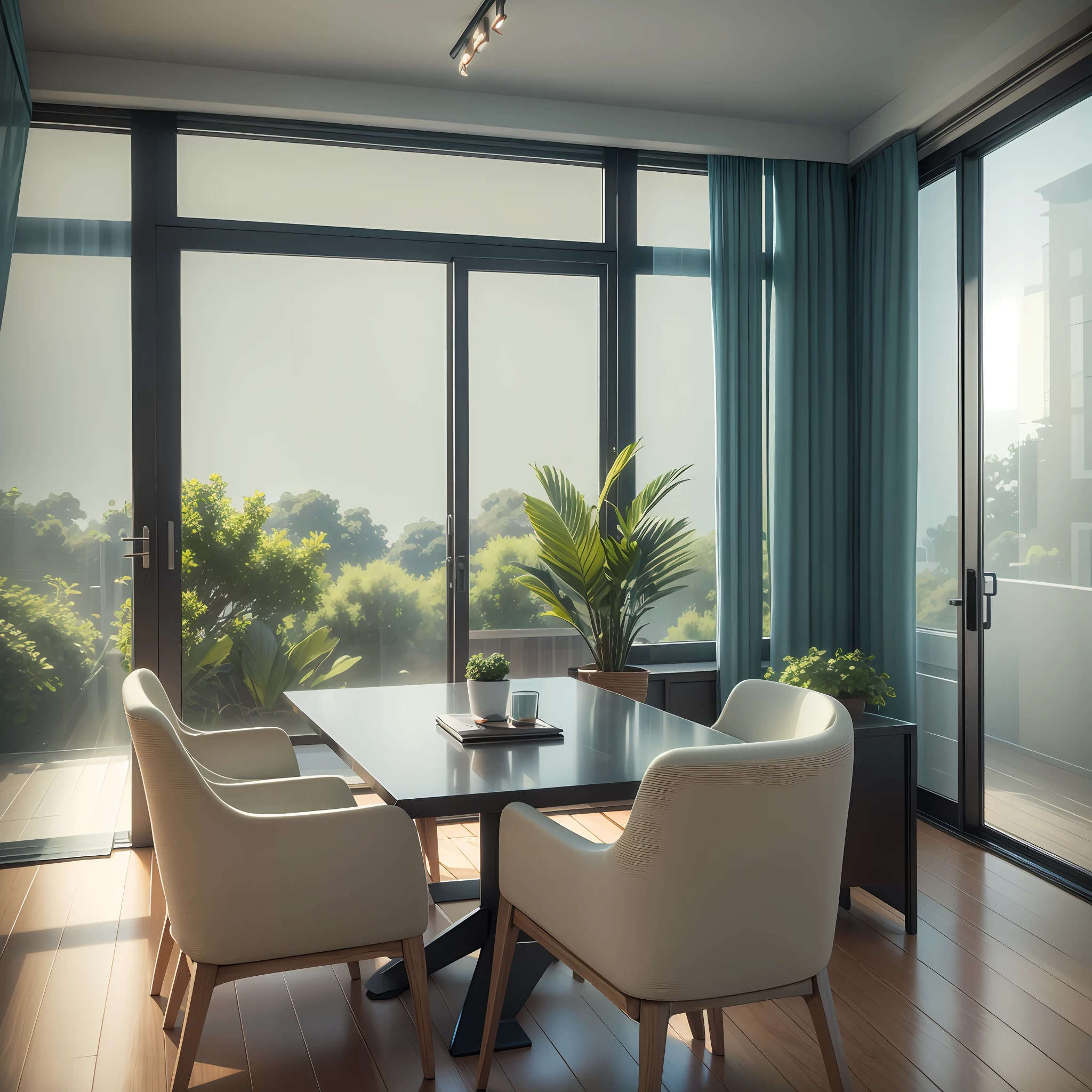 In front of the window there is a table with backrest computer chairs, embellished with greenery, realistic afternoon lighting, realistic soft lighting, volumetric natural light, rendered in V-Ray, daylight made with a blender, rendered in POV-ray, anime. Soft lighting, rendered in 3 DSMAX, detailed natural lighting, atmospheric rendering, soft natural volume lighting, realistic rooms, painted line drawings --auto --s2