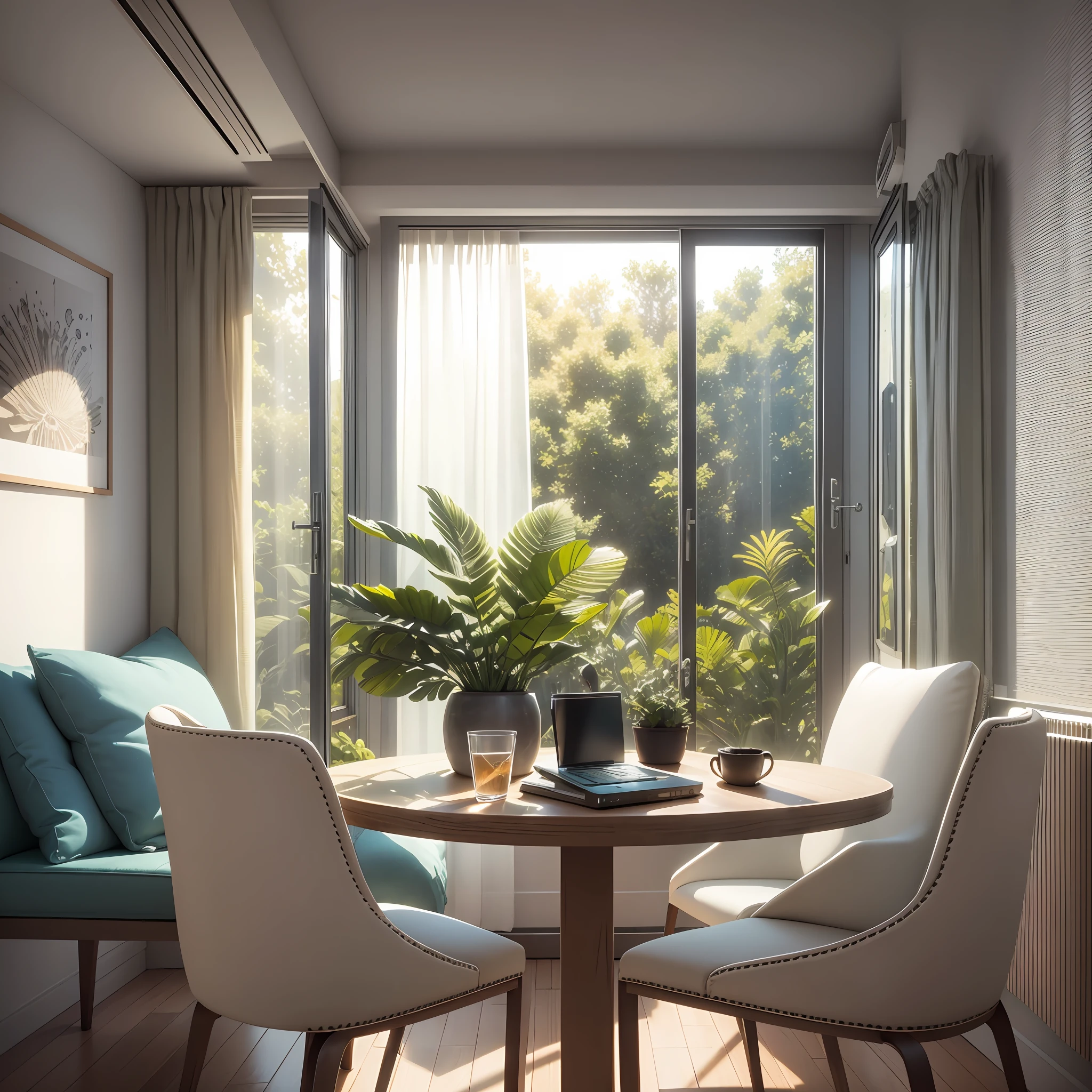 In front of the window there is a table with backrest computer chairs, embellished with greenery, realistic afternoon lighting, realistic soft lighting, volumetric natural light, rendered in V-Ray, daylight made with a blender, rendered in POV-ray, anime. Soft lighting, rendered in 3 DSMAX, detailed natural lighting, atmospheric rendering, soft natural volume lighting, realistic rooms, painted line drawings --auto --s2