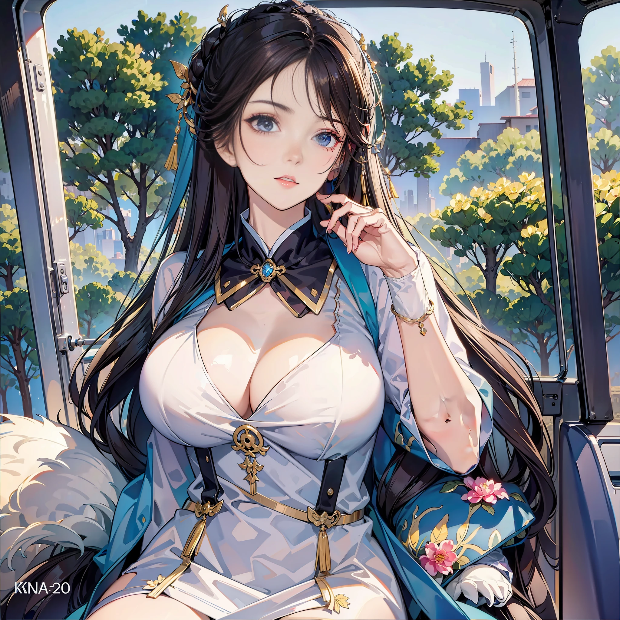 A woman sitting in the cab of a car, supercar, beautiful sexy girl, brunette hair, suspenders, JK,
