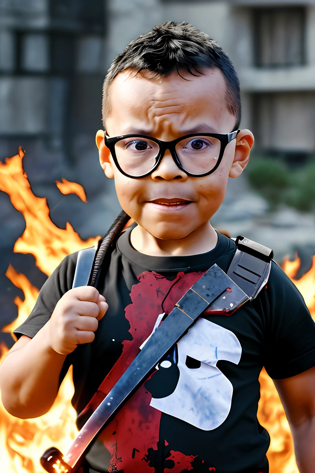 guttonerdvision4, a 3-year-old boy, wearing glasses, wearing the character "Deadpool" full-body outfit, (holding a sword). ((no mask)). The setting is a burning environment with pieces of stone around it and rubble on fire. Realistic scene and (((detailed))), with depth of field to give more realism to the scene.