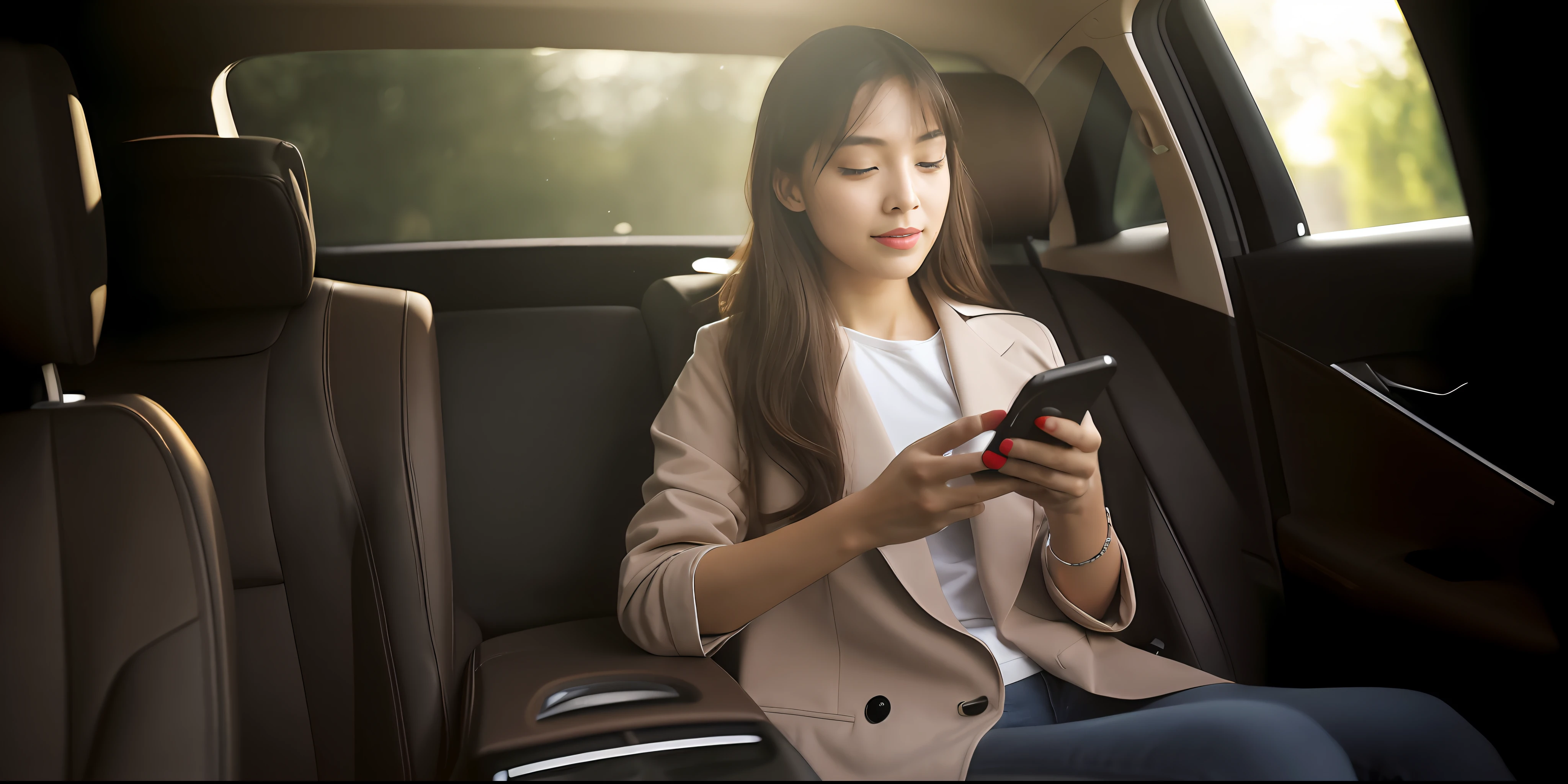 Woman sitting in car looking at her phone, checking her phone, she holding a smartphone, goddess checking her phone, sitting in her car, young asian woman, shutter, technology, a young asian woman, advanced technology, holding a very advanced phone, woman, cell phone, inside the car, luxury, photo shooting