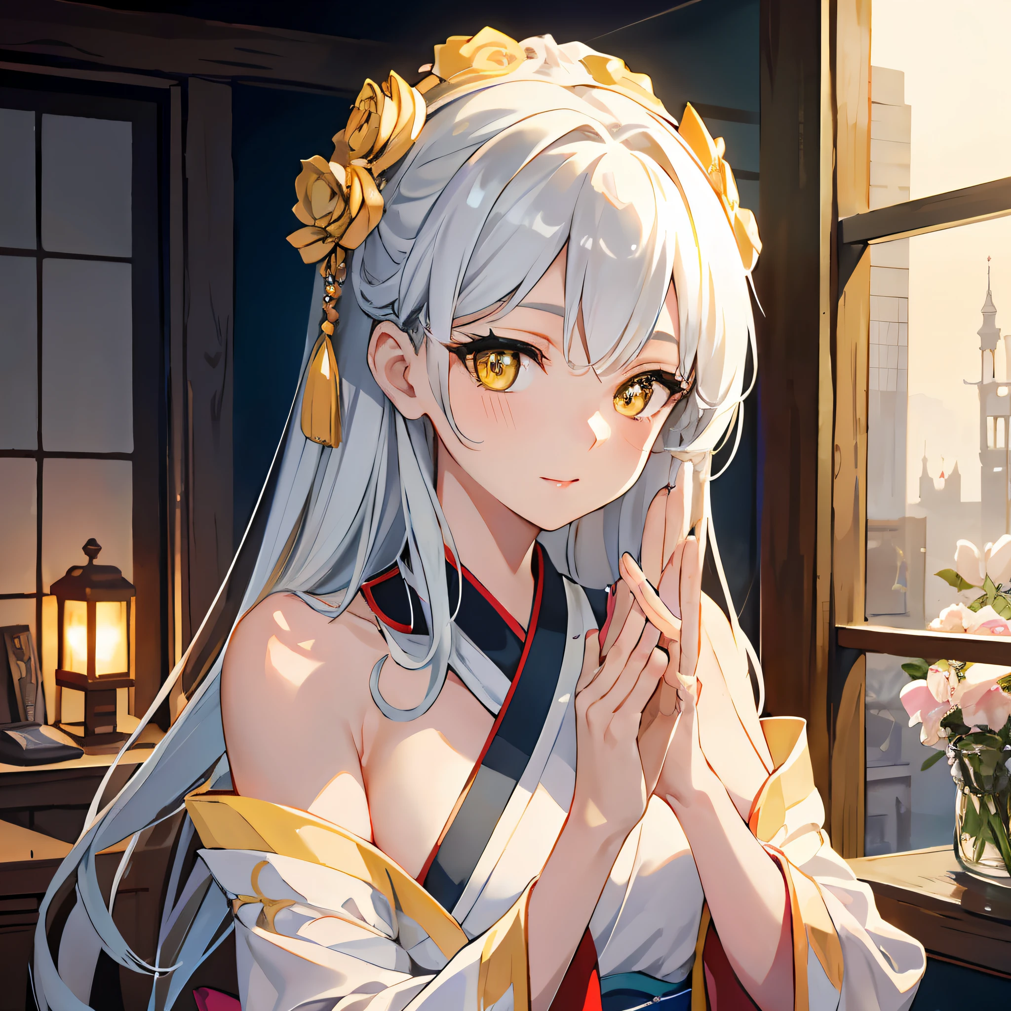Highest Quality, Natural Lighting, High Resolution, Original, Ethereal Beauty, Seductive Gaze, Charming Poses, Otherworldly Charm, Very Detailed Wallpapers, Very Detailed Illustrations, (1 Girl), Charming Beautiful Gorgeous Woman, Perfect female body, beautiful eyes, (delicate face), (seductive expression), yellow eyes, influence, (beautiful details water: 1.4), (Hanfu, Tang style), red lips, (glass jar Girls in: 1.1),