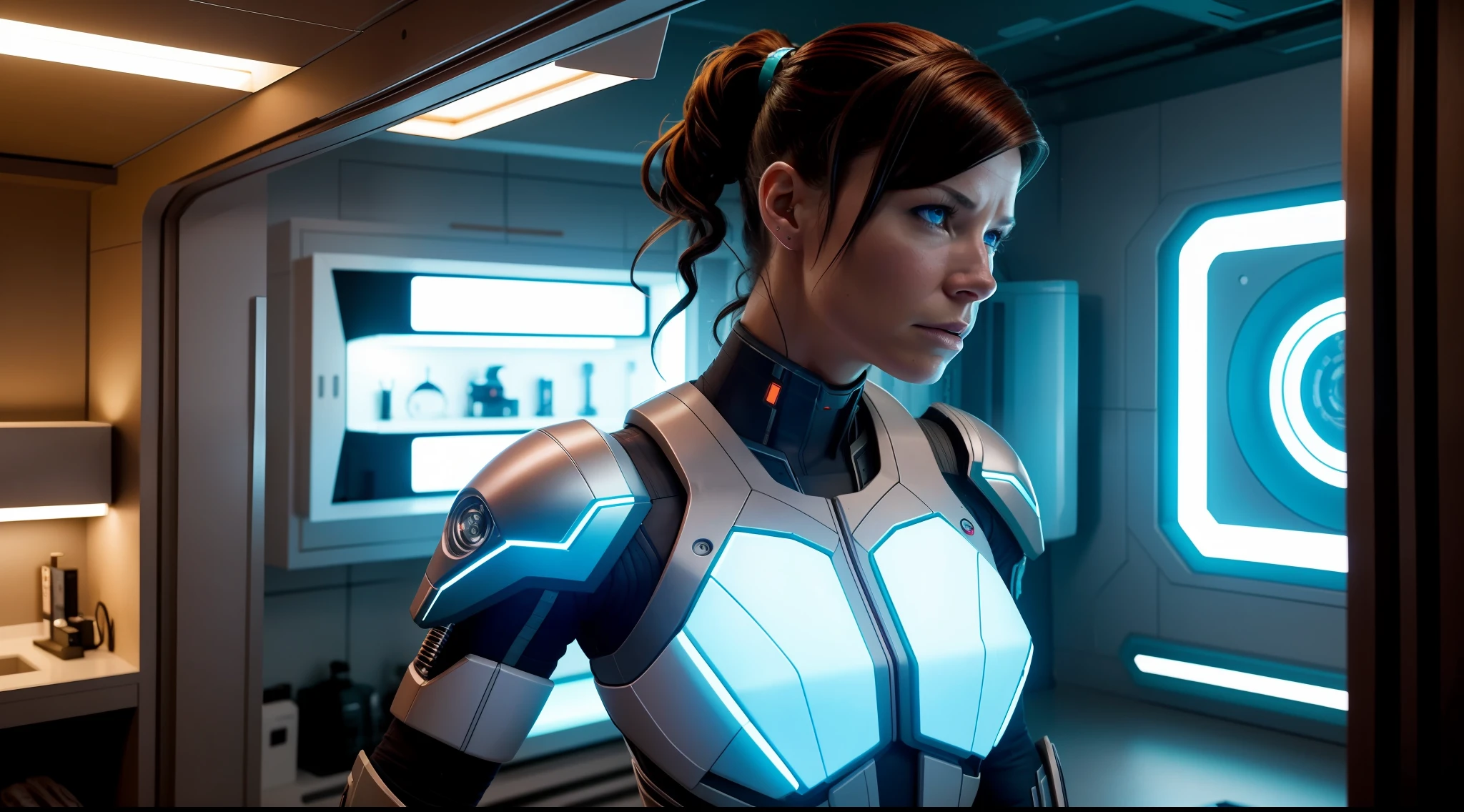 Wide angle environmental shot of cyborg in neat and tidy room, action shot, cyberpunk costumes, cracked porcelain skin, Evangeline Lilly, brunette woman, vibrant, photorealistic, realistic, dramatic, dark, sharp focus, 8k