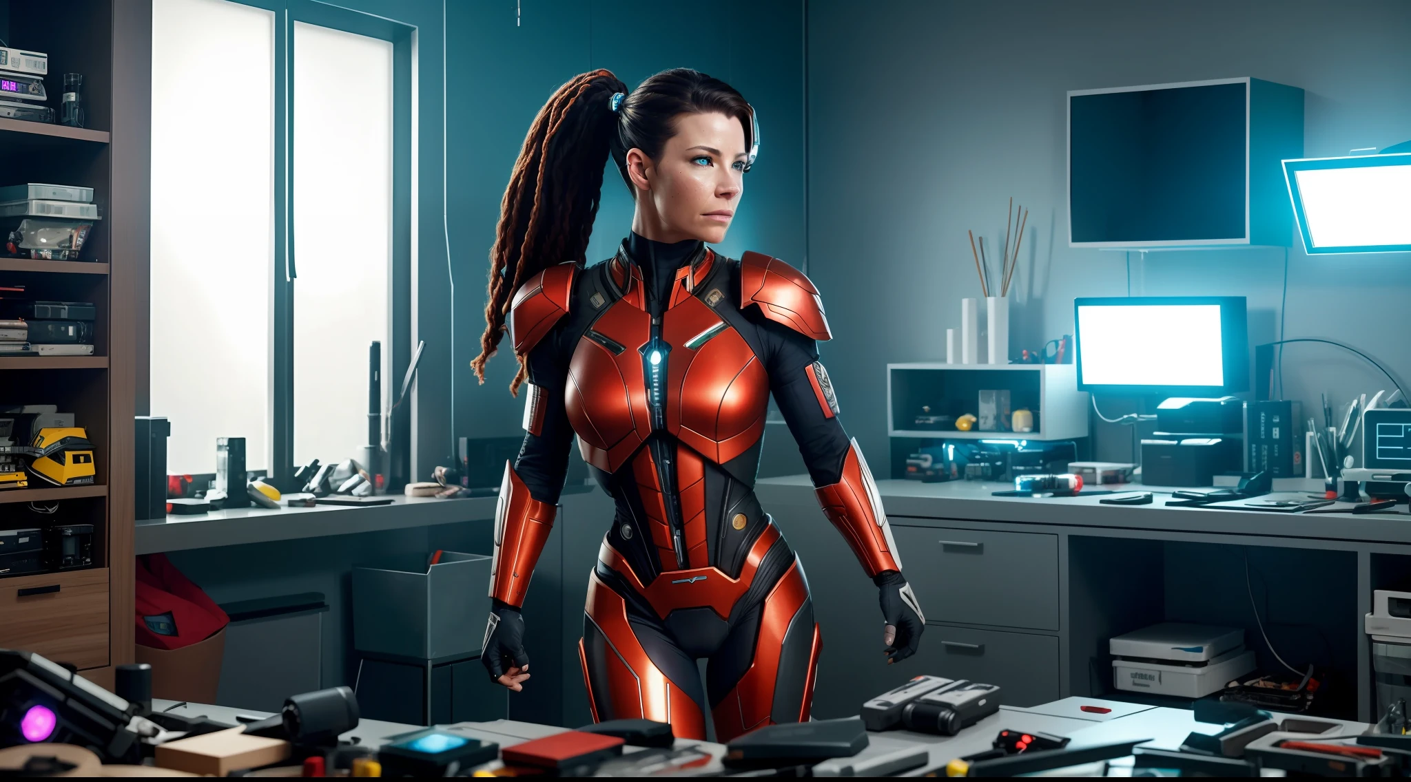 Wide angle environmental shot of cyborg in neat and tidy room, action shot, cyberpunk costumes, cracked porcelain skin, Evangeline Lilly, brunette woman, vibrant, photorealistic, realistic, dramatic, dark, sharp focus, 8k