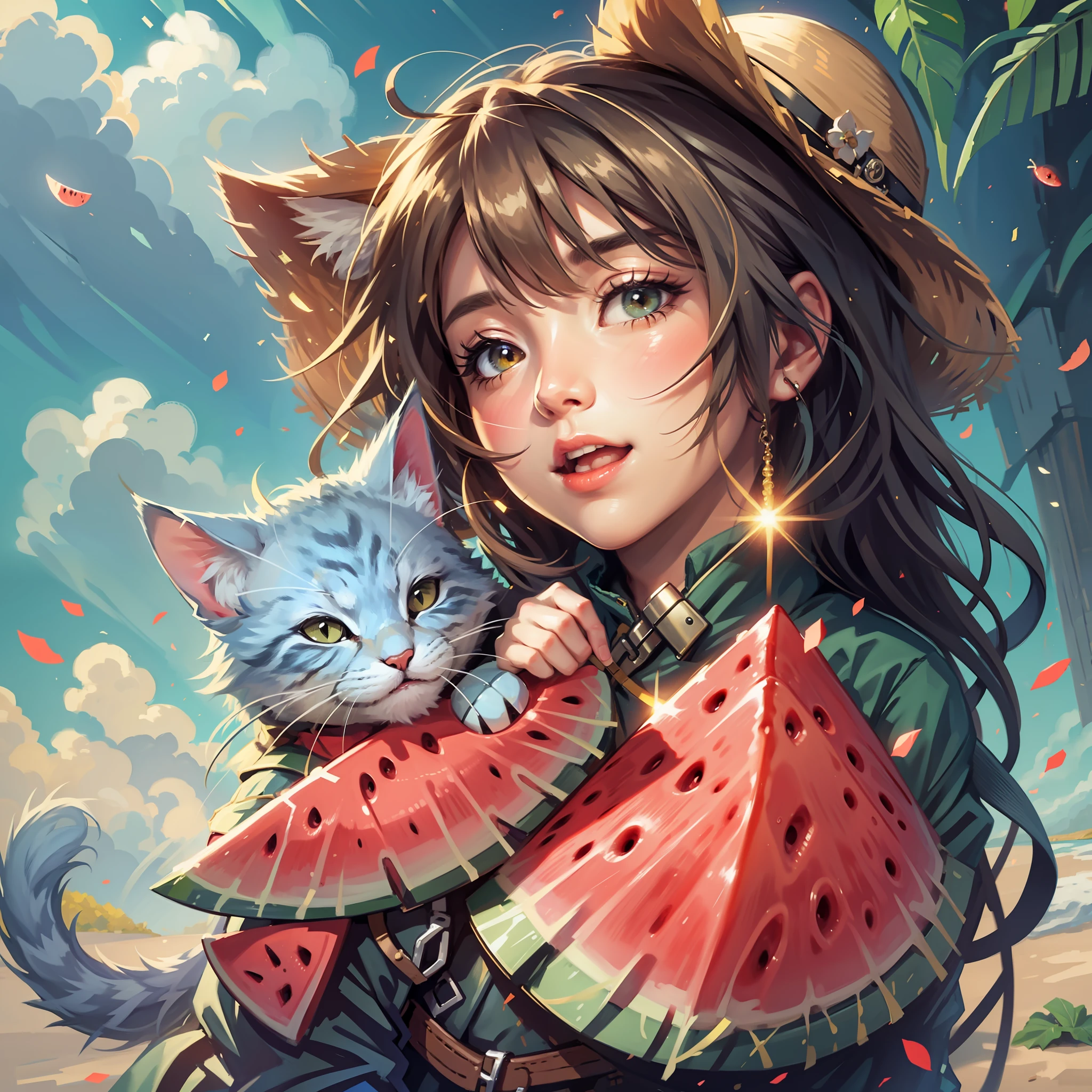 Summer, kitten, happy, holding watermelon