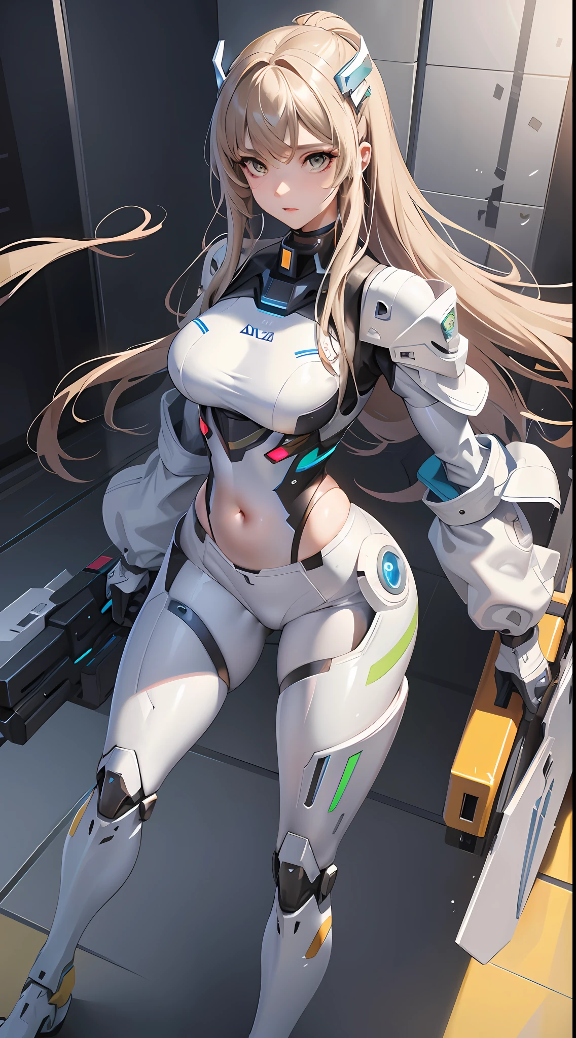 a woman in a futuristic suit with a sword,full-size photograph,Long legs, Slightly chubby,navel,Transparent skin,Perfect body shape,art feminine, Macro distance,mechanized valkyrie girl, ferra white mecha, girl in mecha cyber armor, female mecha, extremely detailed artgerm, echo from overwatch, Clear facial features,gorgeous female paladin,Advanced Rendering,depth of field
