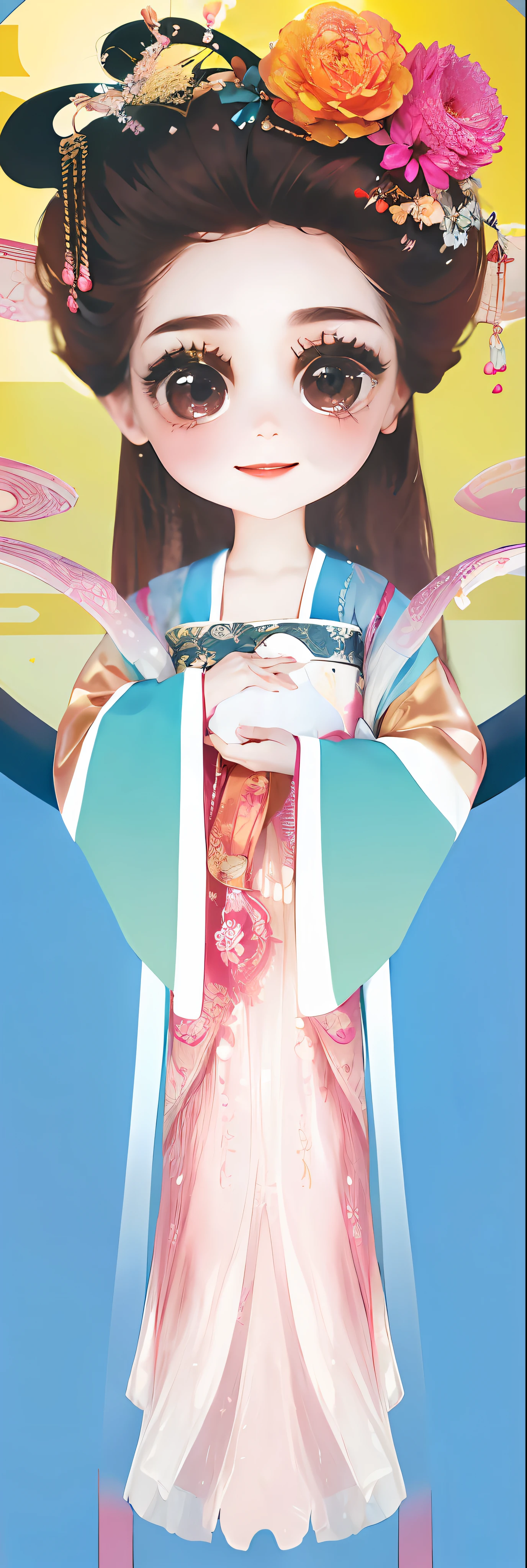 Superb Style, Masterpiece, High Resolution, (Exquisite Body: 1.5), Stunning Beauty, (Milky Skin: 1.3), Delicate Details, High Resolution, Wallpaper, 1 Woman, Solo, Dress, Hair Accessories, (((Golden Red Dress)), Flower, Long Hair, Brown Hair, Smile, Accessories, Long Sleeves, Raised Hands, Wide Sleeves, Beautiful Big Eyes, Flowing Hair, Hanfu, (((Hanfu, Embroidery, Pink Transparent Scarf))), Long Skirt, Natural Pose, Falling Petals, Chang'e, Background Moon, Ancient Chinese City Tower Glowing, Fanning, Lantern, 16K, HDR, High Resolution, Depth of Field, (Film Grain: 1.1), Bocon, Primetime, (Lens Hare), Vignette, Rainbow, (Grading: 1.5), ((((Smile, Natural Expression))))), (((Charming Big Eyes))), (((Sweet Smile))), (((Hair Clearly Visible)))