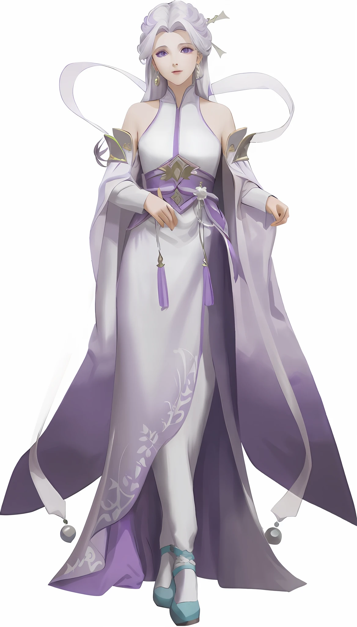 A woman wearing a white dress and purple cloak, high precision, fairy-like, white-purple cloak all over, white hair in a noble robe, turquoise pupils