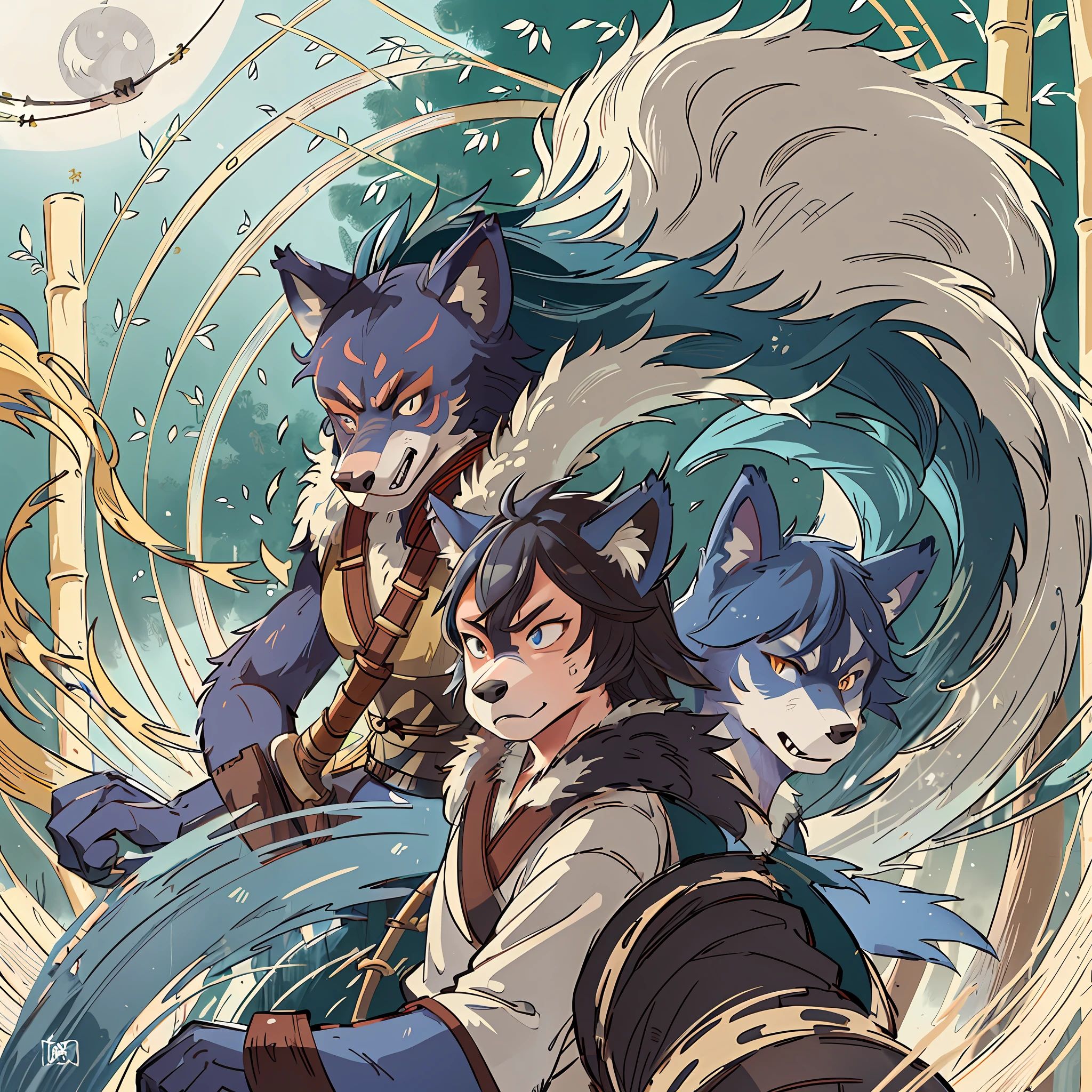 Top quality ultra-fine illustrations, movie poster, Zatoichi, Blind Swordsman, shuimobysim, Chōjū-jinbutsu-giga, picture scroll, tarot card(bamboo forest, dark night with beautiful full moon, rays of light through bamboo, backlighting) (beautiful face and eyes with great detail) absurdres perfect anatomy ((Beastman))) (furry, solo focus, Japanese kimono, ninja, samurai, sword with blue flames, battle duels) (furry anthro:1.7) ((((furry body, wolf facial features, wolf body features)))) ((((wolf muzzle highly detailed fur)))) full body, sturdy look, shouting, combat regime, dash (dynamic pose),