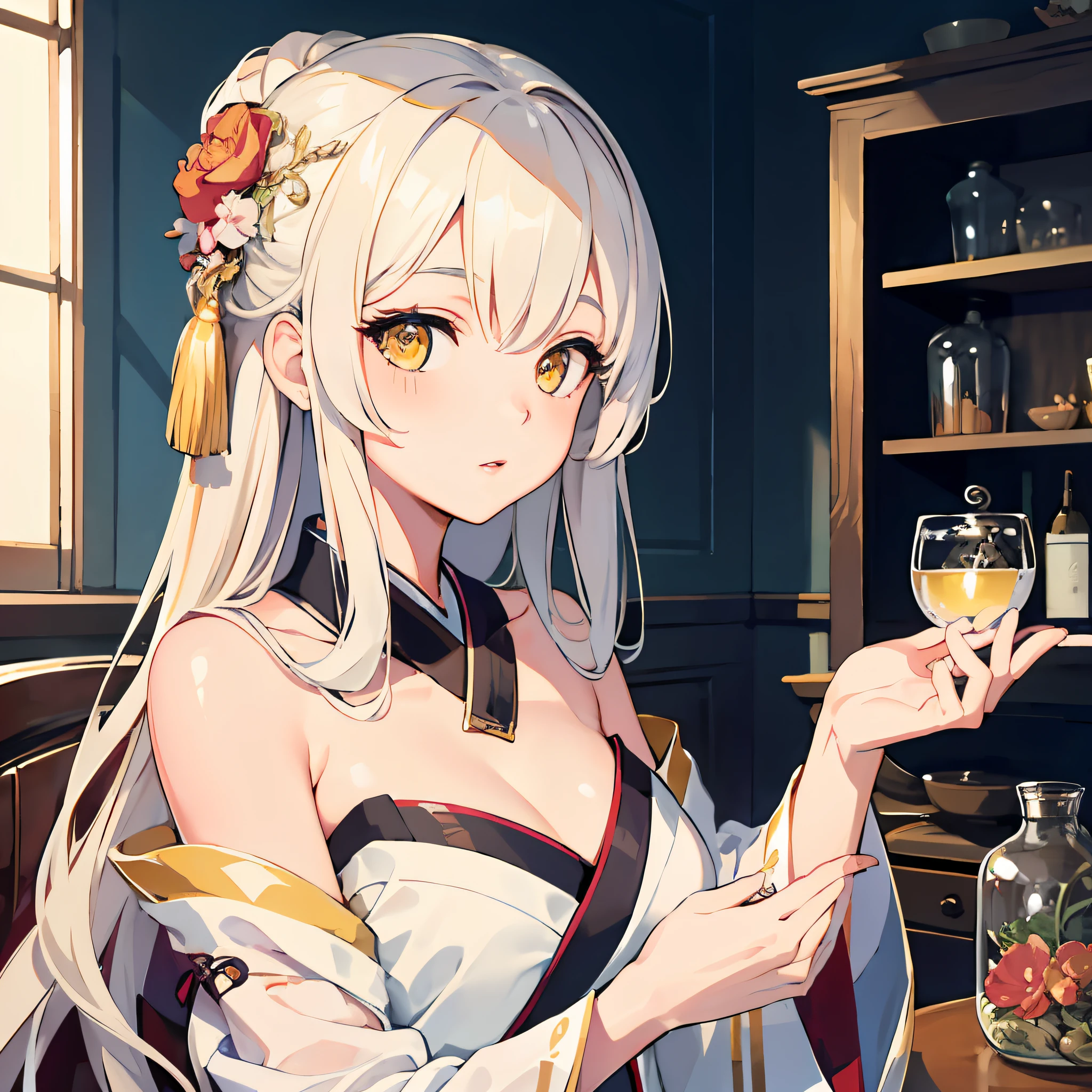 Highest Quality, Natural Lighting, High Resolution, Original, Ethereal Beauty, Seductive Gaze, Charming Poses, Otherworldly Charm, Very Detailed Wallpapers, Very Detailed Illustrations, (1 Girl), Charming Beautiful Gorgeous Woman, Perfect female body, beautiful eyes, (delicate face), (seductive expression), yellow eyes, influence, (beautiful details water: 1.4), (Hanfu, Tang style), red lips, (glass jar Girls in: 1.1),