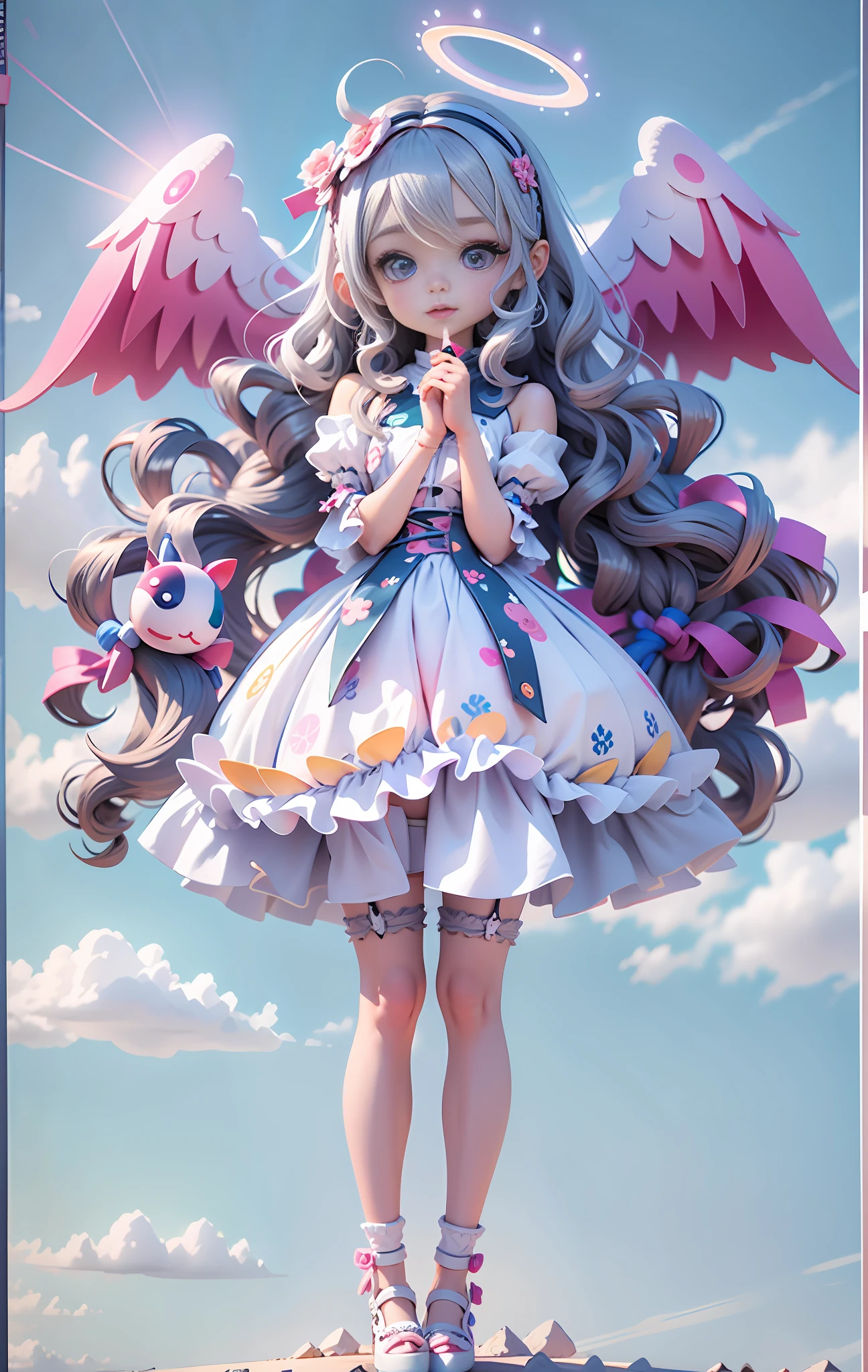 Masterpiece, Best Quality, Official Art, 8k Wallpaper, Very Detailed, Illustration, 1 Girl, White Hair, Beautiful Eyes, Stocking Pattern, Super Cute Girl Full Body 3D Drawing, Good Looking Eyes, Big Eyes, Cute, Happy, C4D, Pop Matt Blind Box, Glow Bubble, Toy, Solid Color Background, Chibi, Fluorescent Translucence, Luminescence, Kawaii, Doll, Pop Mart Blind Box, Pixar, Intricate Details, 3D Rendering, Blender, OC Renderer, FOL body reference sheet,dribble,high details,8k,studio lighting,loli,petite,child,chibi ,