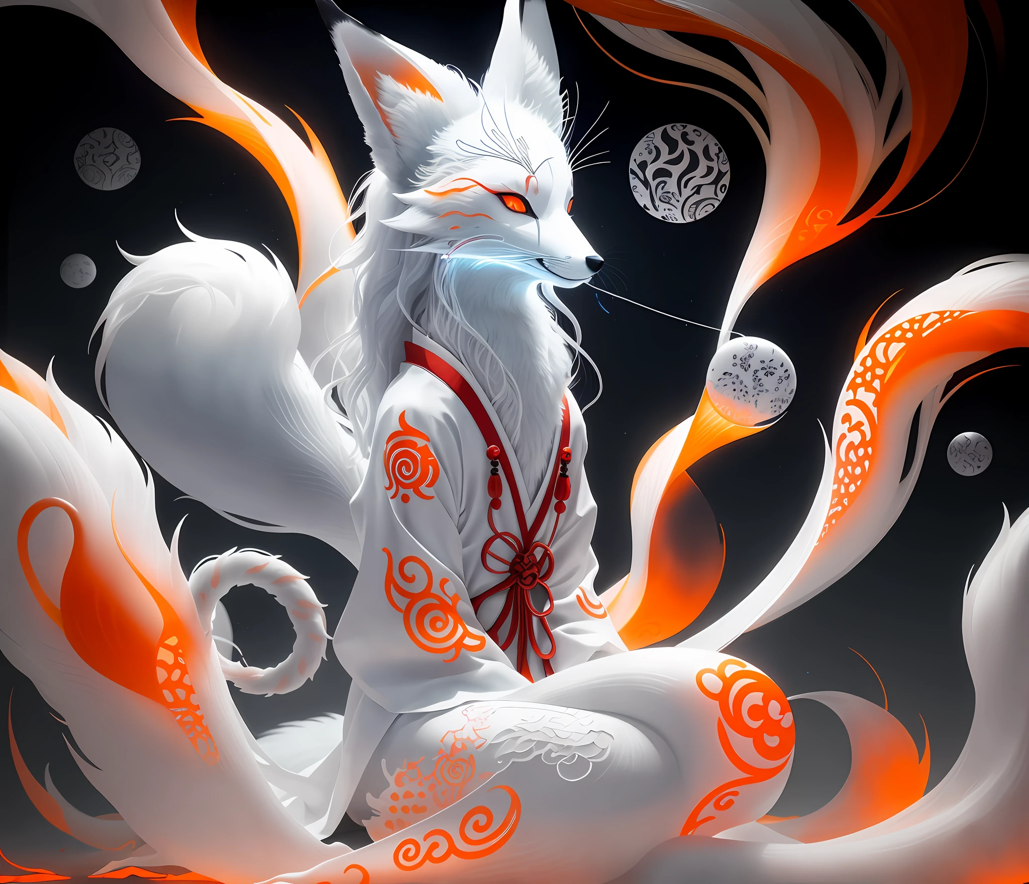 Close-up of a fox with nine tails, nine tails, nine tails, chtulhu, inspired by Sugimura Jihei, delicate and thin. tentacles, white alien squid, ghostly shape, inspired by Sōami, jormungand, mystical creatures, "phoenix wallpaper" black and white drawing