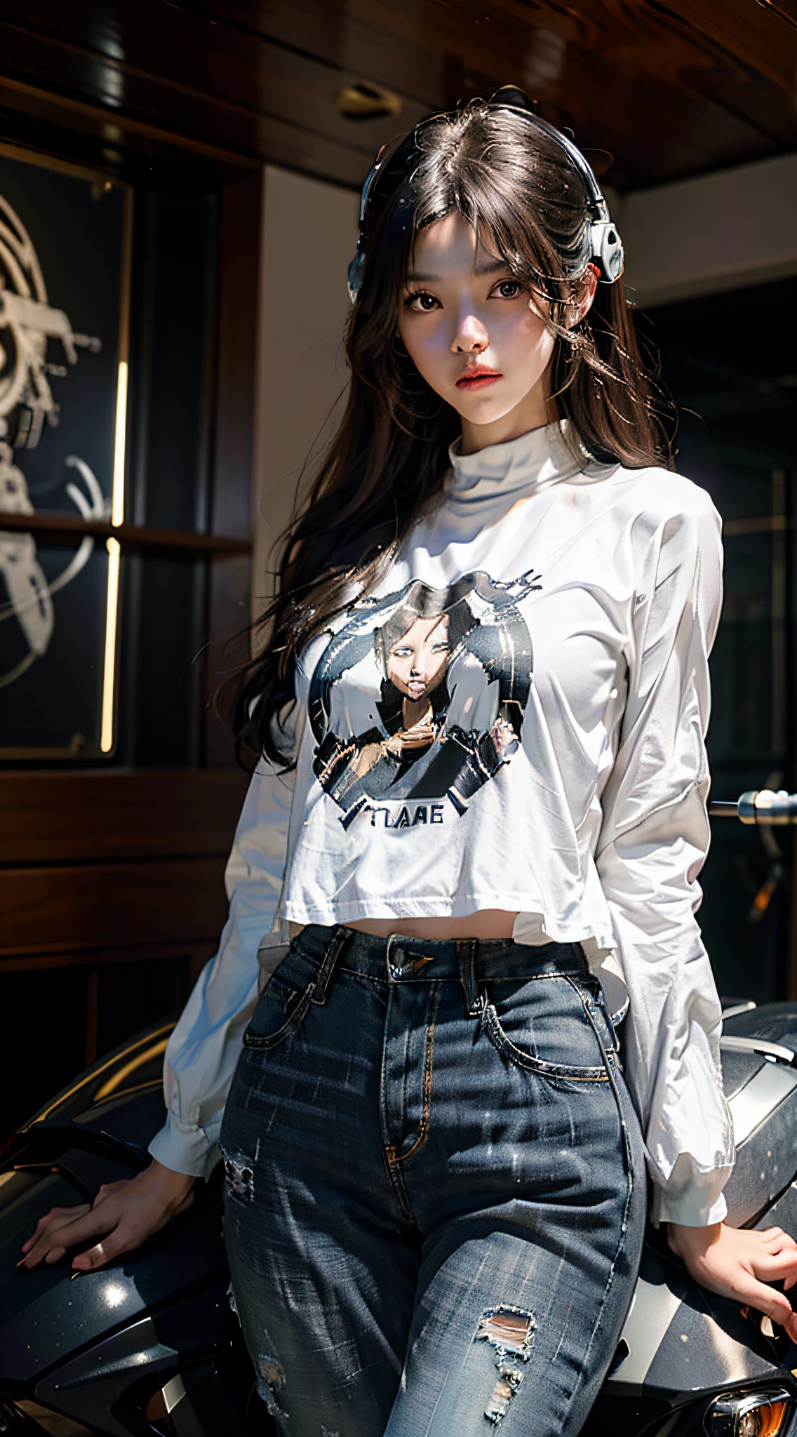 Highest quality, outstanding details, super high resolution, (realism: 1.4), the best illustration, favor details, highly condensed 1girl, with a delicate and beautiful face, dressed in black and white mecha, (torn clothes: 1.5), (torn pants: 1.5) wearing a mecha helmet, holding a direction controller, riding on a motorcycle, the background is a high-tech lighting scene of the future city.