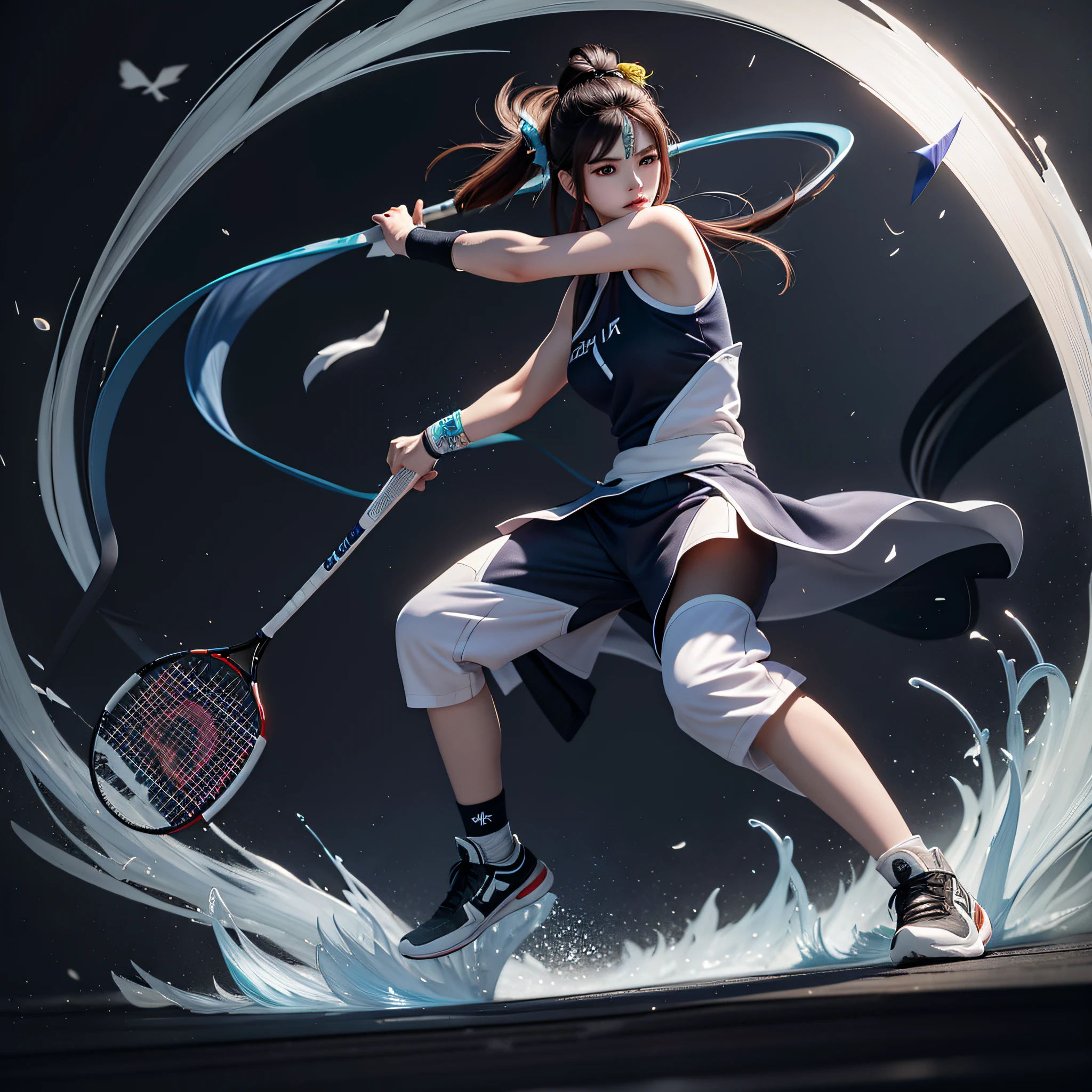 There is a woman holding a tennis racket, badminton racket, Akali, a relatively emaciated face, Yang J, Ross Tran 8 K, Artgerm and Atey Ghailan, Guvez style artwork, beautiful digital artwork, Liang Kai, Pan Chengwei, Shi Tao, Fan Qi, Zhou Fang on the art station