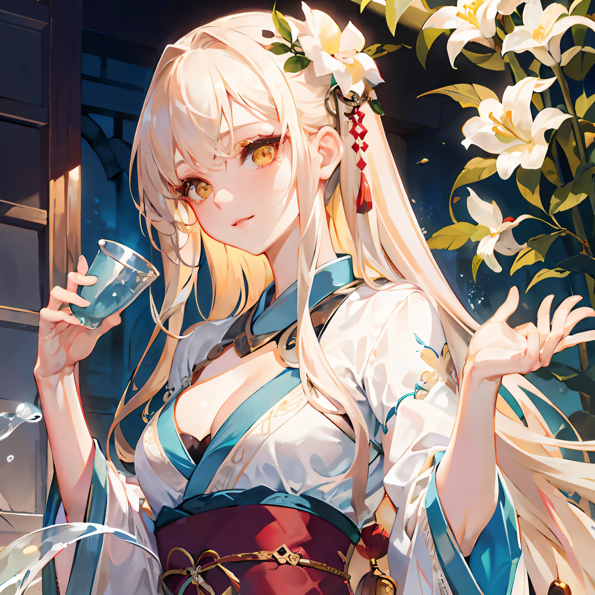 Highest Quality, Natural Lighting, High Resolution, Original, Ethereal Beauty, Seductive Gaze, Charming Poses, Otherworldly Charm, Very Detailed Wallpapers, Very Detailed Illustrations, (1 Girl), Charming Beautiful Gorgeous Woman, Perfect female body, beautiful eyes, (delicate face), (seductive expression), yellow eyes, influence, (beautiful details water: 1.4), (Hanfu, Tang style), red lips, (glass jar Girls in: 1.1),