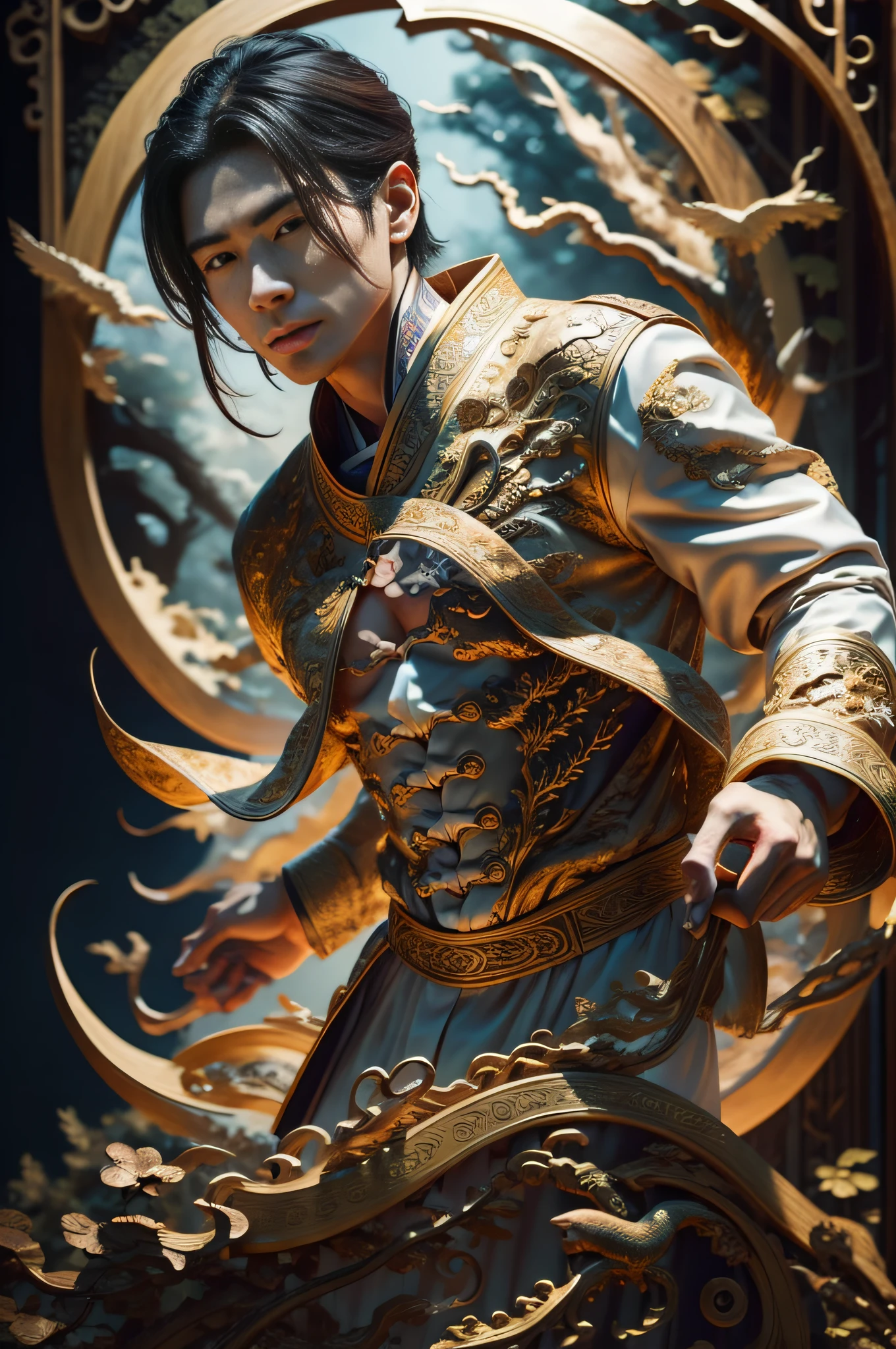 Handsome guy, 25 years old, Asian, master work, best picture quality, higher quality, high detail, super high resolution, (realistic: 1.4) 8k resolution, delicate facial features, boys, big muscles, tattoos, glowing eyes, short hair, gray hair, hair details, (full body: 0.6), detailed background , [[Look away, look to the side, emphasize homosexuality and pay attention to every detail , Open Hanfu transparent tulle jacket, white rubber pants, (crotch bulge), , Fa gong, Chinese kung fu, fingerless gloves, Wristband, dragon themed costume, monk robe, dynamic composition,,, wood, wood background, very much wood, wood around the body, dead wood, a lot of branches background, Chinese wood carving, wood carving modeling crafts, holding a wood carving crutch