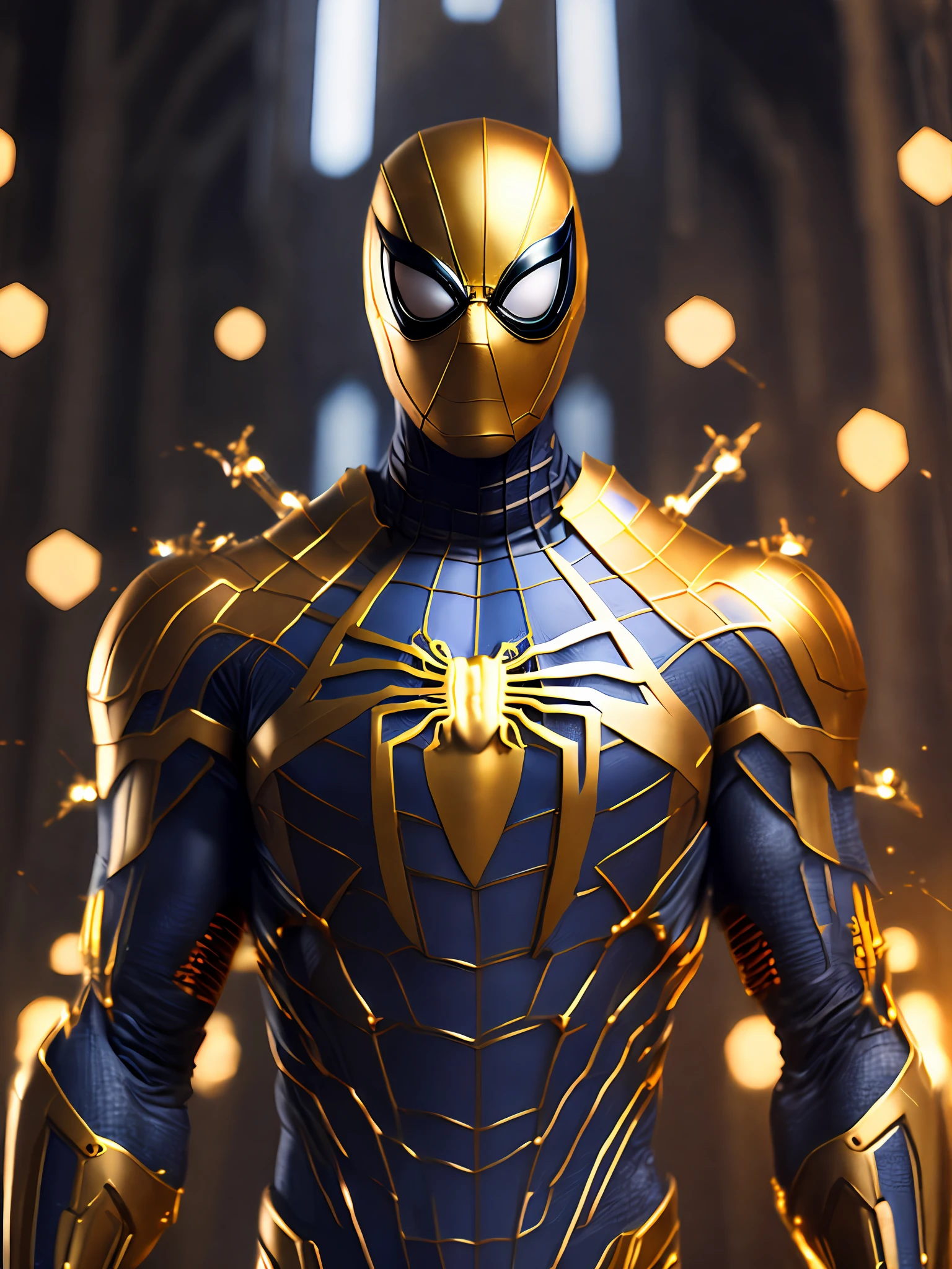 Portrait, Gold Spider-Man from Marvel, biomechanical, complex robot, full growth, hyper-realistic, insane small details, extremely clean lines, cyberpunk aesthetic, masterpiece featured on Zbrush Central, gothic brutalist cathedral, cyberpunk, award-winning photo, bokeh, neon lights, cybernetic limb