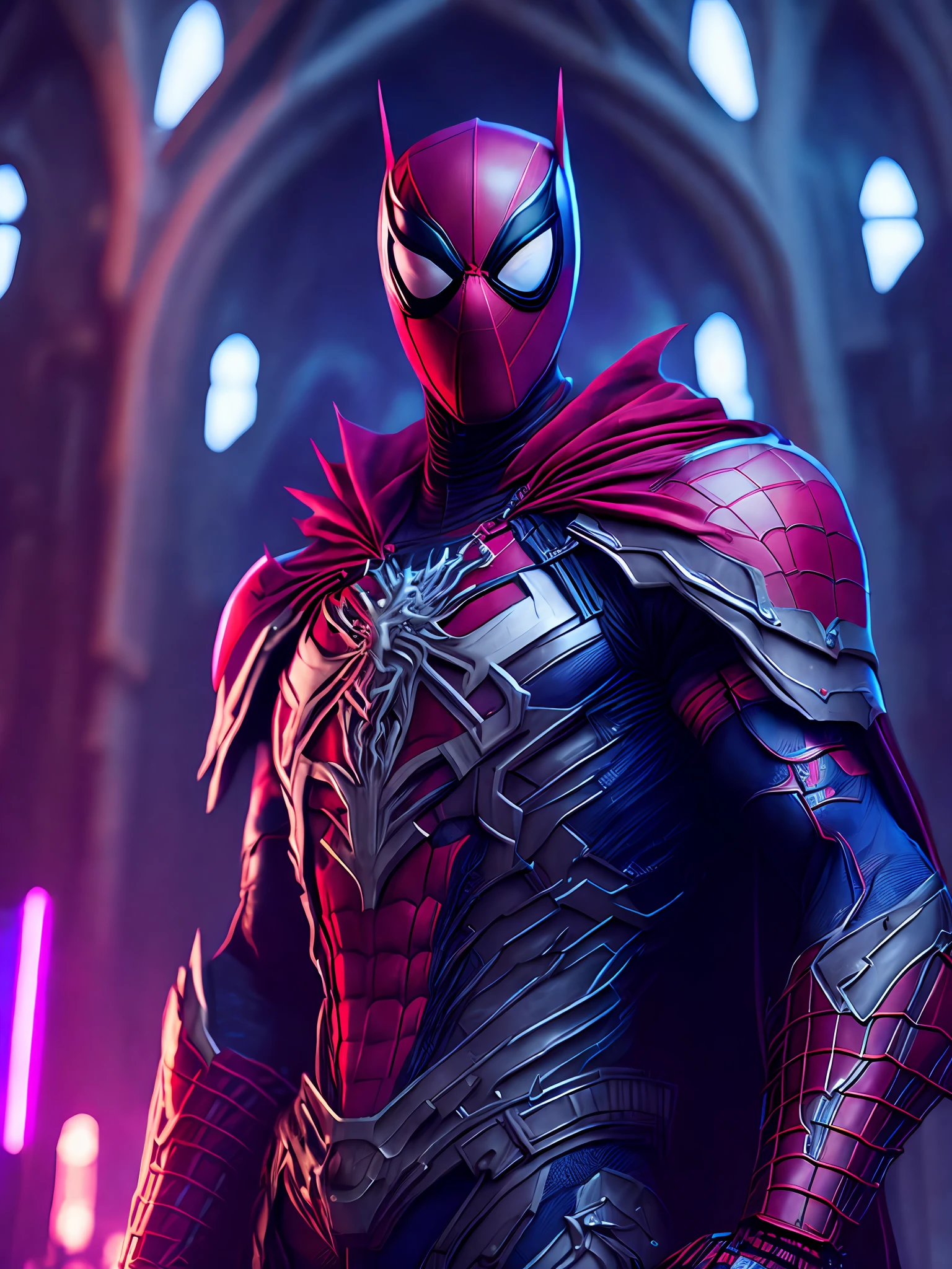Portrait, Spider-Man Horseman of the Apocalypse from Marvel, biomechanical, complex robot, full growth, hyper-realistic, insane small details, extremely clean lines, cyberpunk aesthetic, masterpiece presented at Zbrush Central, gothic brutalist cathedral, cyberpunk, award-winning photo, bokeh, neon lights, cybernetic limb