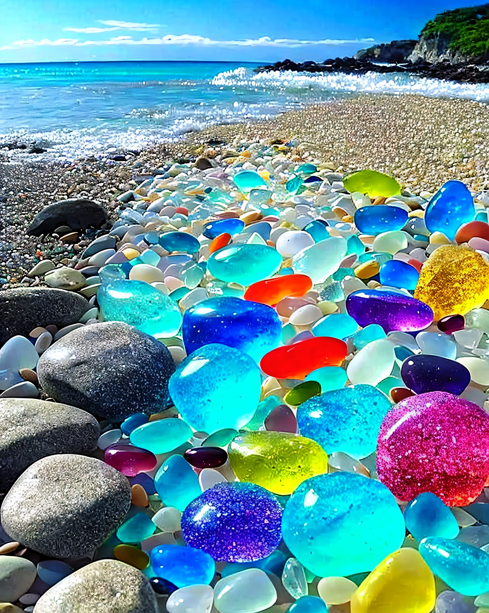 arafed beach with a lot of colorful rocks and pebbles, seaglass, magical beach, pebbles, breathtaking colors, crystal clear sea, sea like jelly, sea of parfait, multicolored glints, marbles, beautiful nature, glass beads, glass orbs, breath-taking beautiful beach, nacre colors, serene colors, rocky beach, beach aesthetic