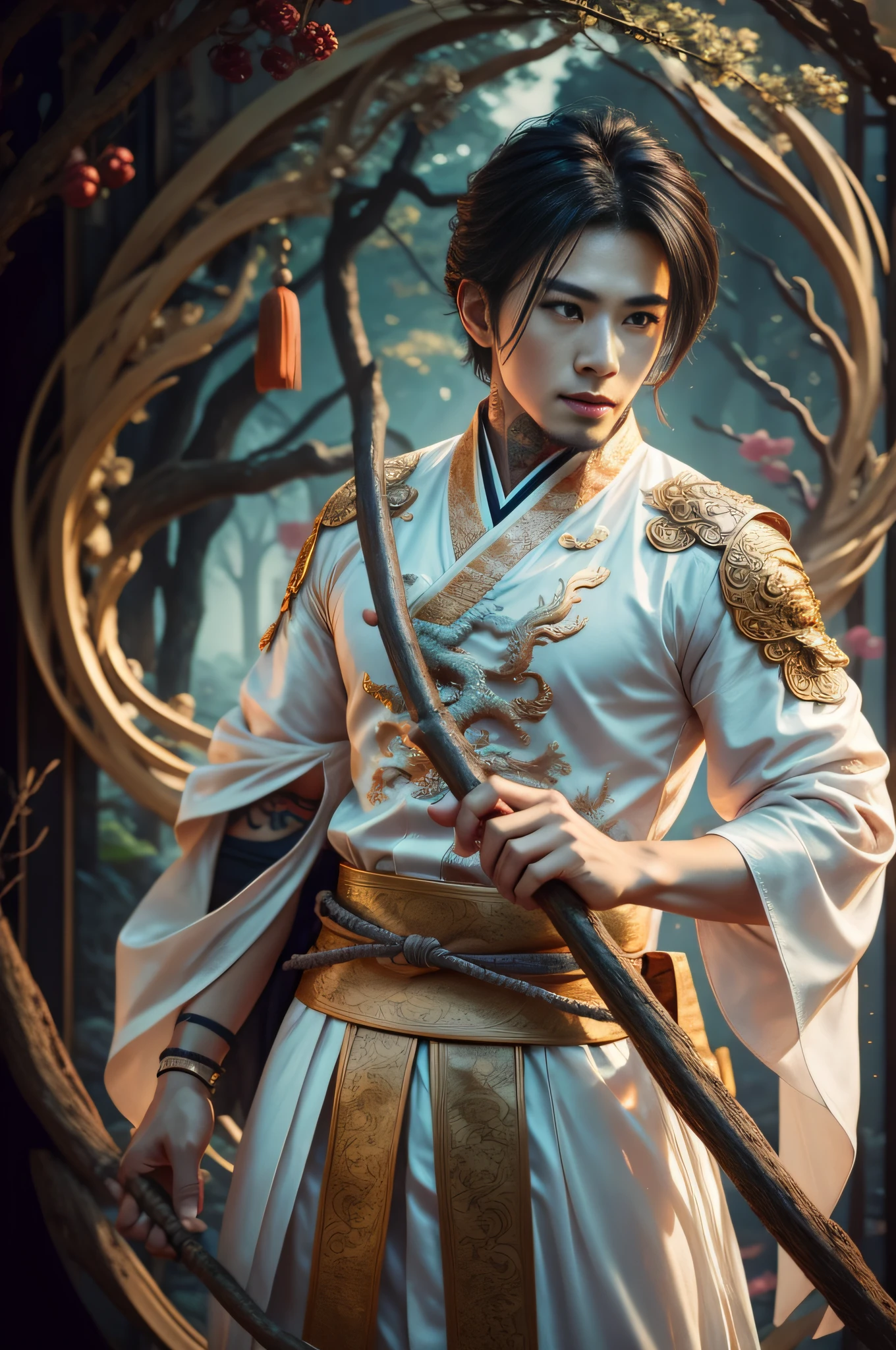 Handsome, 25 years old, Asian, master work, best picture quality, higher quality, high detail, super high resolution, (realistic: 1.4) 8k resolution, delicate facial features, boys, big muscles, tattoos, glowing eyes, short hair, white black hair, hair details, (full body: 0.6), detailed background , [[look away, look to the side, emphasize homosexuality and pay attention to every detail , open Hanfu transparent tulle jacket, white rubber pants, (crotch bulge), , Fa gong, Chinese kung fu, fingerless gloves, Wristband, dragon themed costume, monk robe, dynamic composition,,, wood, wood background, very much wood, wood around the body, dead wood, a lot of branches background, Chinese wood carving, wood carving modeling crafts, holding a wood carving crutch
