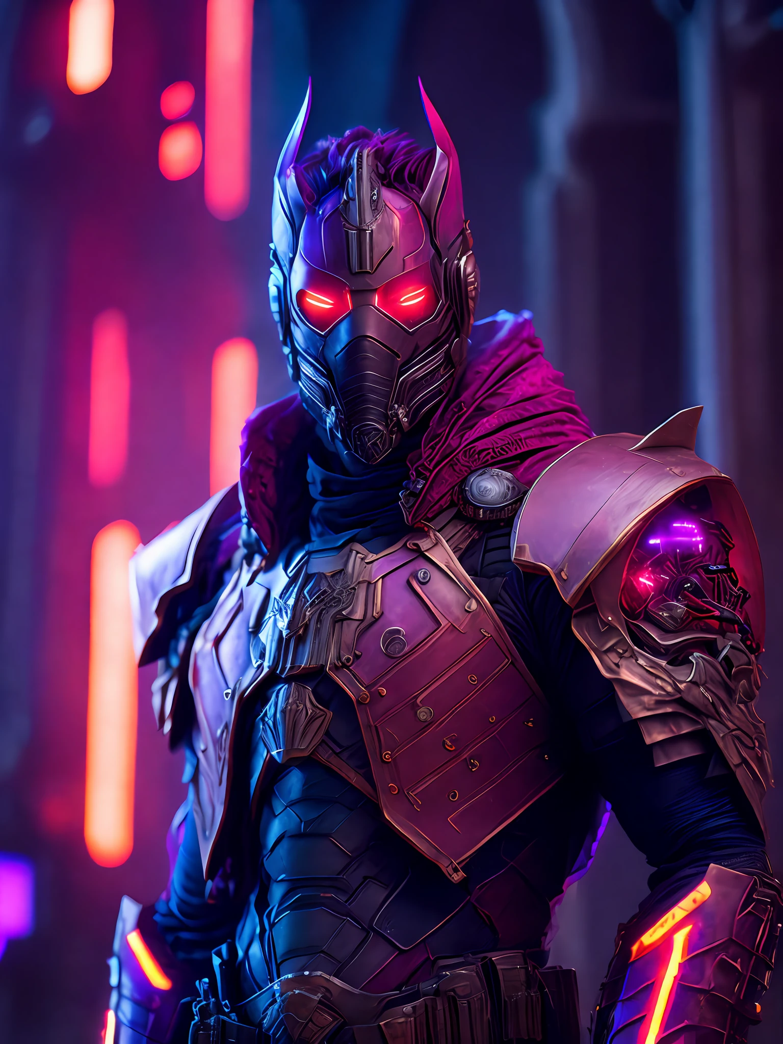 Portrait, Star-Lord Horseman of the Apocalypse from Marvel, biomechanical, complex robot, full growth, hyper-realistic, insane small details, extremely clean lines, cyberpunk aesthetic, masterpiece unveiled at Zbrush Central, gothic brutalist cathedral, cyberpunk, award-winning photo, bokeh, neon lights, cybernetic limb