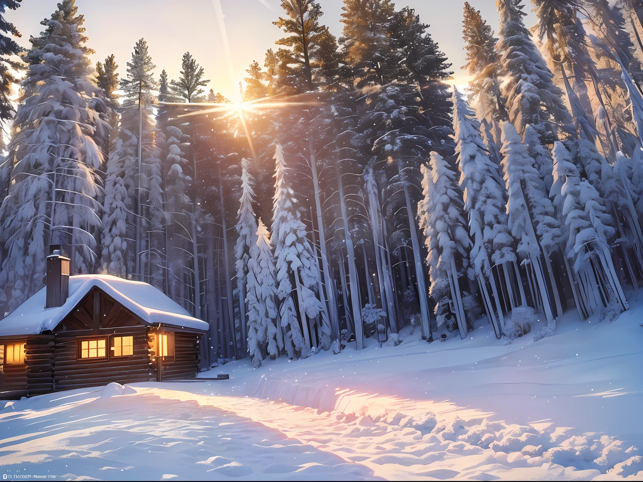(Beautiful winter morning with frost and sunshine), snowy forest, golden hour, magical atmosphere, sparkling snowflakes, warm and cozy cabin, smoke rising from the chimney, (roaming deer: 1.2), (icicles: 1.1), (evergreen trees: 1.1), (frost-covered branches: 1.2), peaceful and serene. --auto --s2