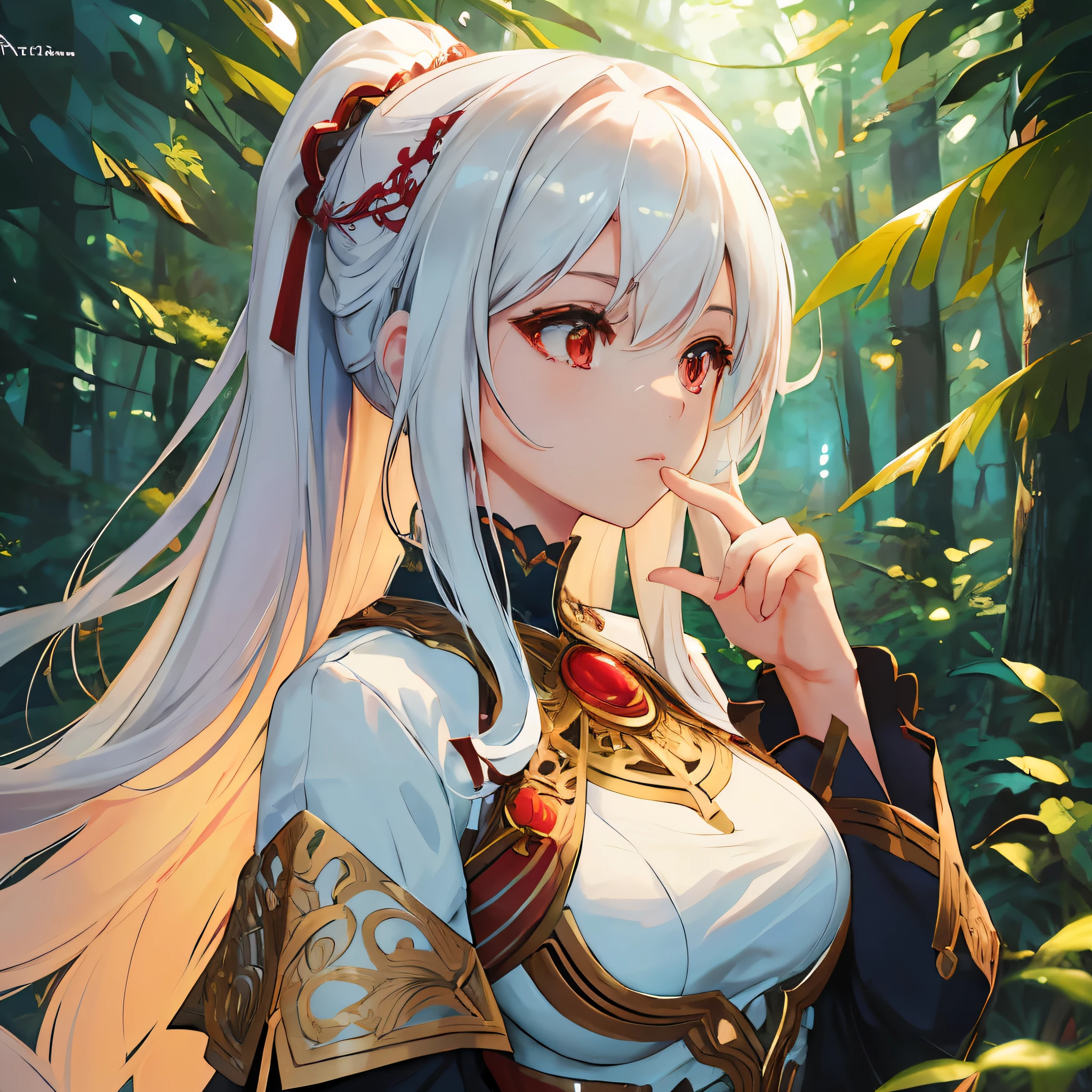 Inspired by (Artgerm's) masterful use of colors and styles, depict a mesmerizing scene featuring a girl with long white hair, light red eyes, and fair skin. Surround her with a lush and enchanting forest landscape, with vibrant shades of green and touches of floral colors. Use a combination of soft and bold lighting to create depth and dimension in the illustration. Incorporate intricate textures to bring out the beauty and intricacies of her hair, capturing the essence of (Artgerm's) attention to detail and artistic flair artstation.