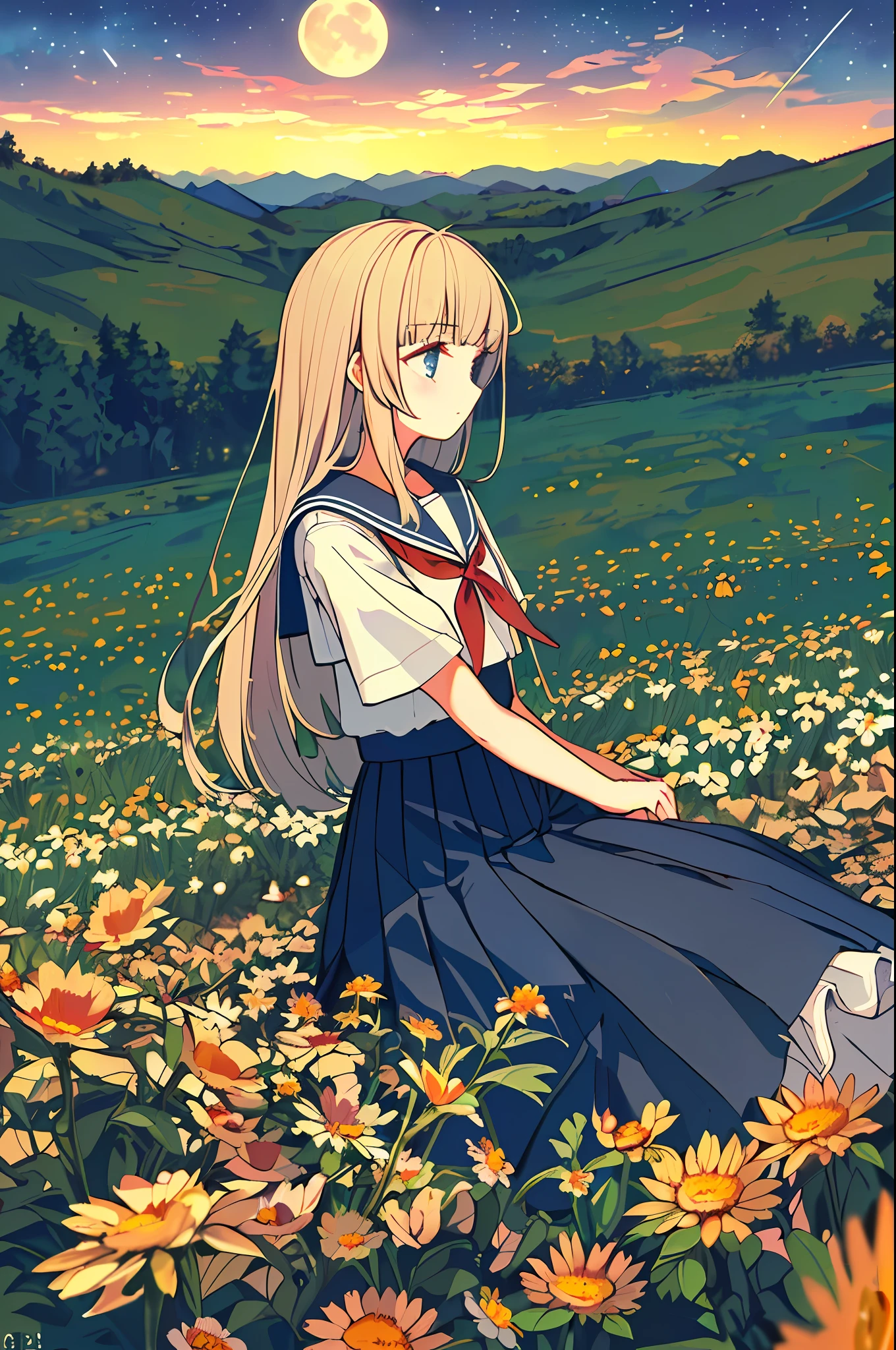(((Masterpiece: 1.5, Best Quality, High Resolution: 1.3, Super Resolution, Super Detail, Super Detail: 1.3, Rich Background: 1.2))), ((Close Up)), ((Profile Picture)), 1 Girl, Solo, Blunt Bunch Bangs, School Uniform, White Serafon, Red Sailor Collar, Short Sleeves, Blue Pleated Skirt, (Outdoor), ((Sitting in a Flower Field)), (On the Top of a Hill), , , Landscape, ((Night)), Darkness, (Low Light: 1.1), Moon, (Moonlight: 1.2), ((Dynamic Light: 1.4)), Sky (Falling Meteors: 1.5)