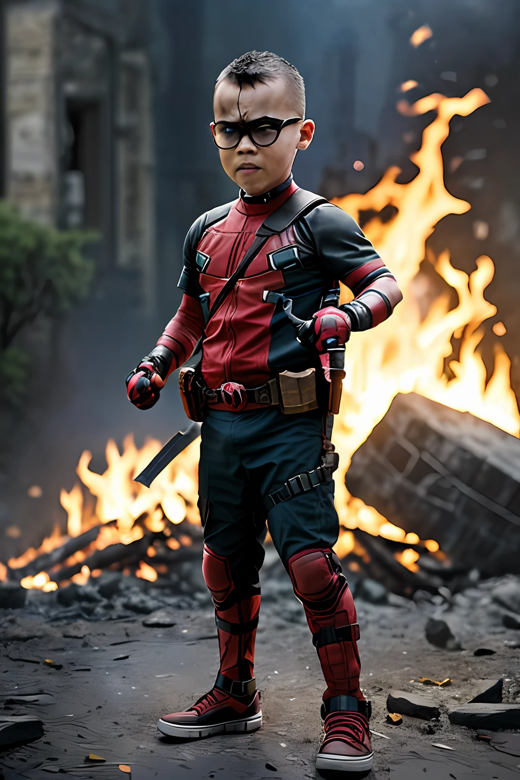guttonerdvision4, a 3-year-old boy, wearing glasses, wearing the character "Deadpool" full-body outfit, (holding a sword). (((without mask))). The setting is a burning environment with pieces of stone around it and rubble on fire. Realistic scene and (((detailed))), with depth of field to give more realism to the scene.