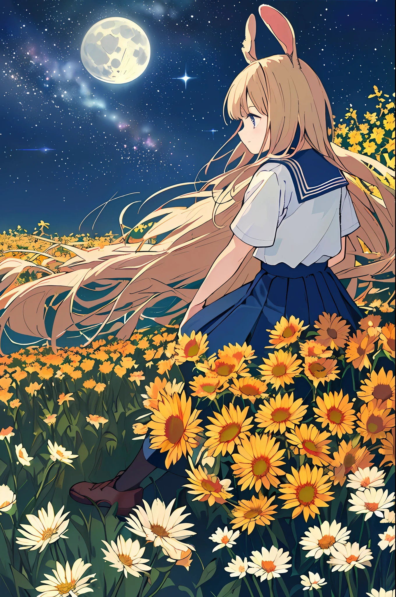 (((Masterpiece: 1.5, Best Quality, High Resolution: 1.3, Super Resolution, Super Detail, Super Detail: 1.3, Rich Background: 1.2))), ((Close Up)), ((Profile Picture)), 1 Girl, Solo, Blunt Bunch Bangs, School Uniform, White Serafon, Red Sailor Collar, Short Sleeves, Blue Pleated Skirt, (Outdoor), ((Sitting in a Flower Field)), (On the Top of a Hill), , , Landscape, ((Night)), Darkness, (Low Light: 1.1), Moon, (Moonlight: 1.2), ((Dynamic Light: 1.4)), Sky (Falling Meteors: 1.5)
